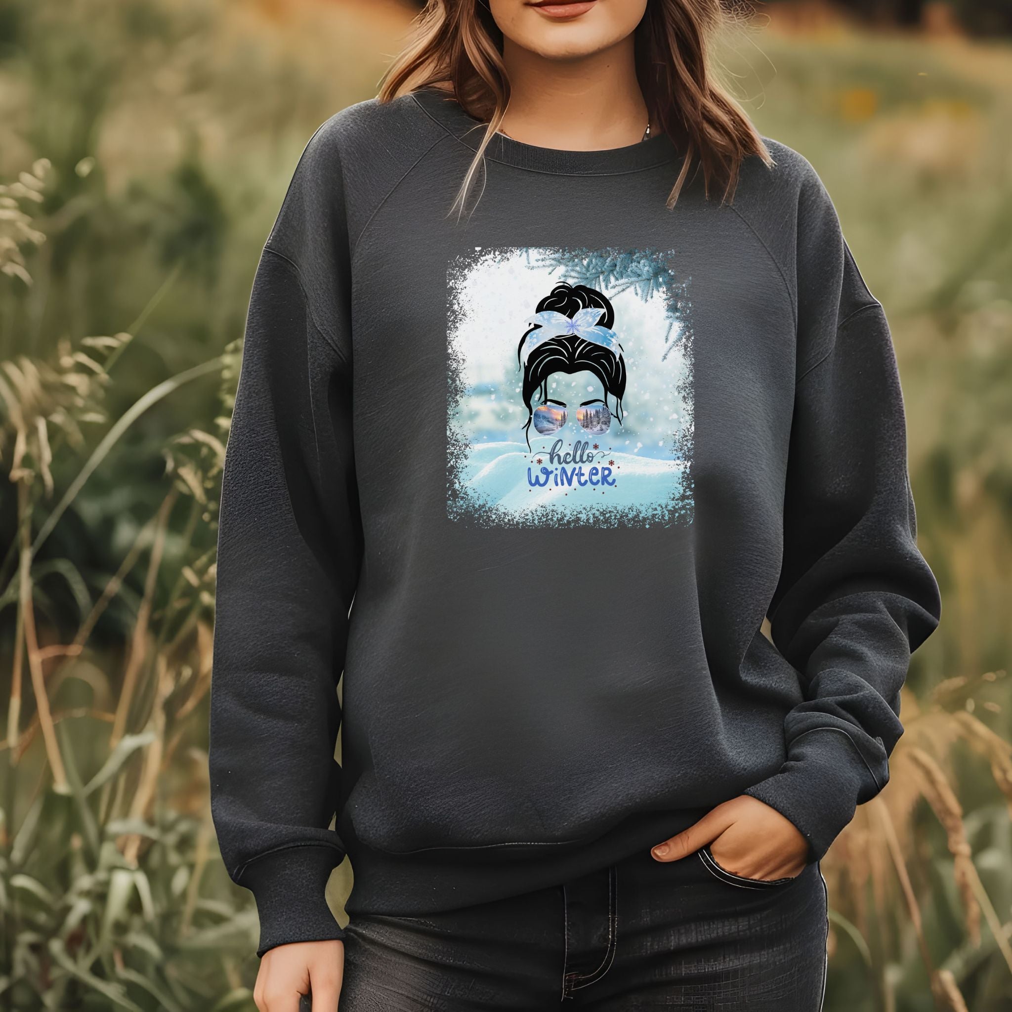 Hello Winter Snow, Dark Hair Messy Bun, Unisex Heavy Blend™ Crewneck Sweatshirt