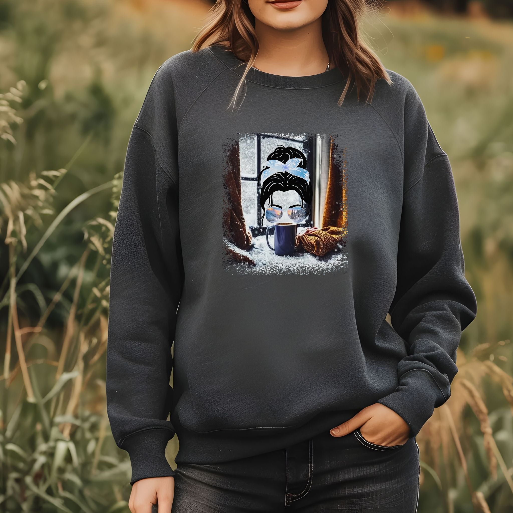 Winter Sweater, Dark Hair Messy Bun, Unisex Heavy Blend™ Crewneck Sweatshirt