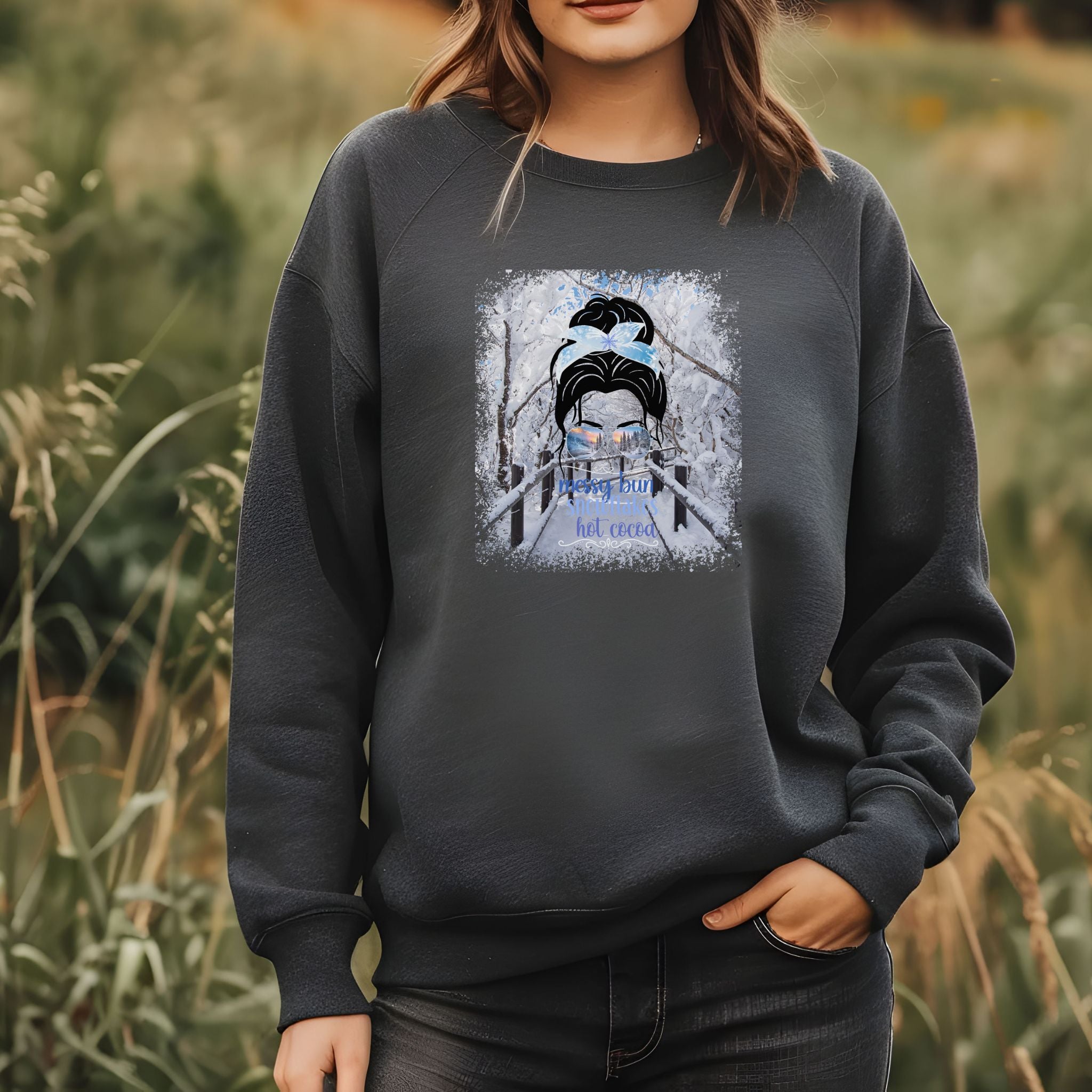 Messy Bun Winter Hike, Dark Hair Messy Bun, Unisex Heavy Blend™ Crewneck Sweatshirt