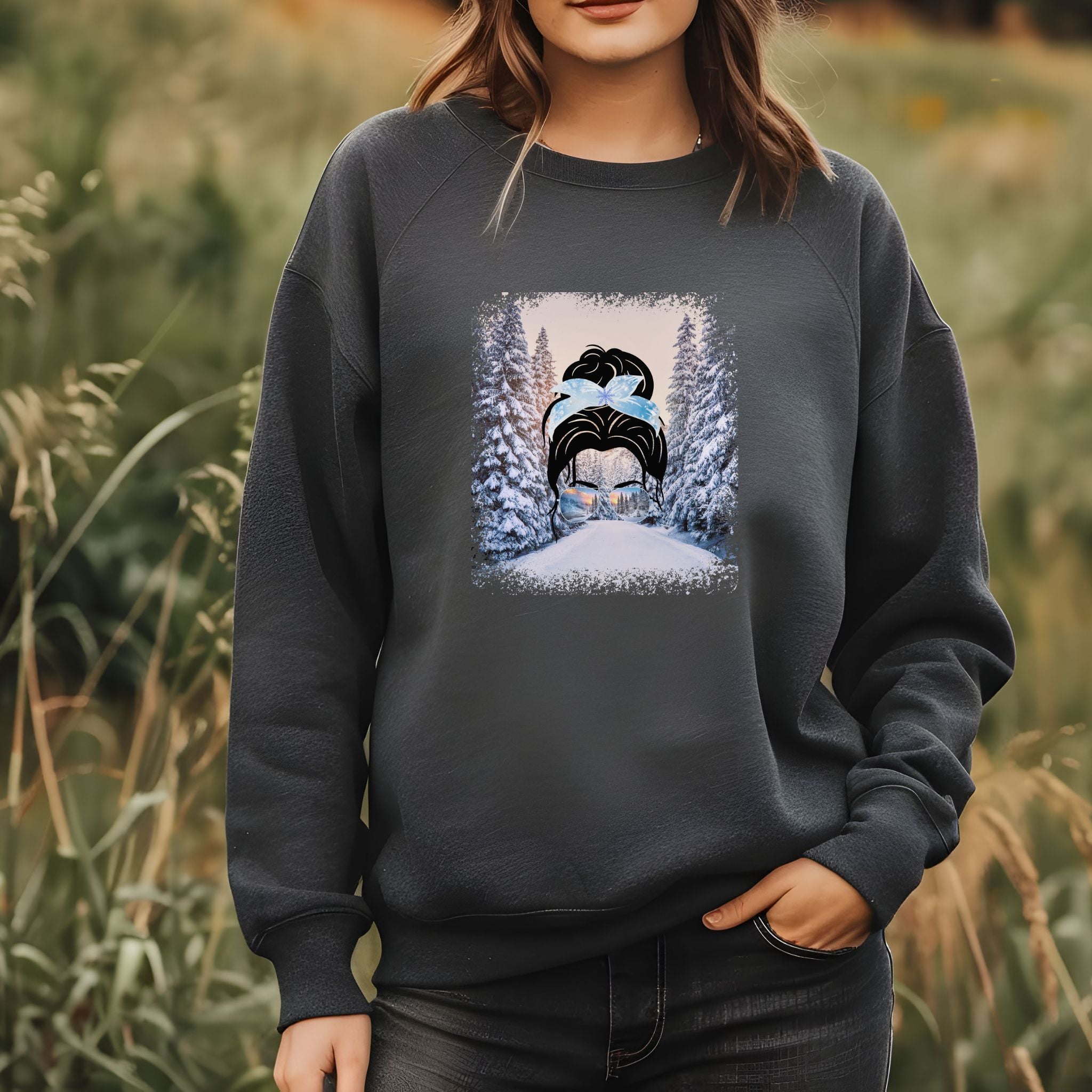 Winter Trail, Dark Hair Messy Bun, Unisex Heavy Blend™ Crewneck Sweatshirt