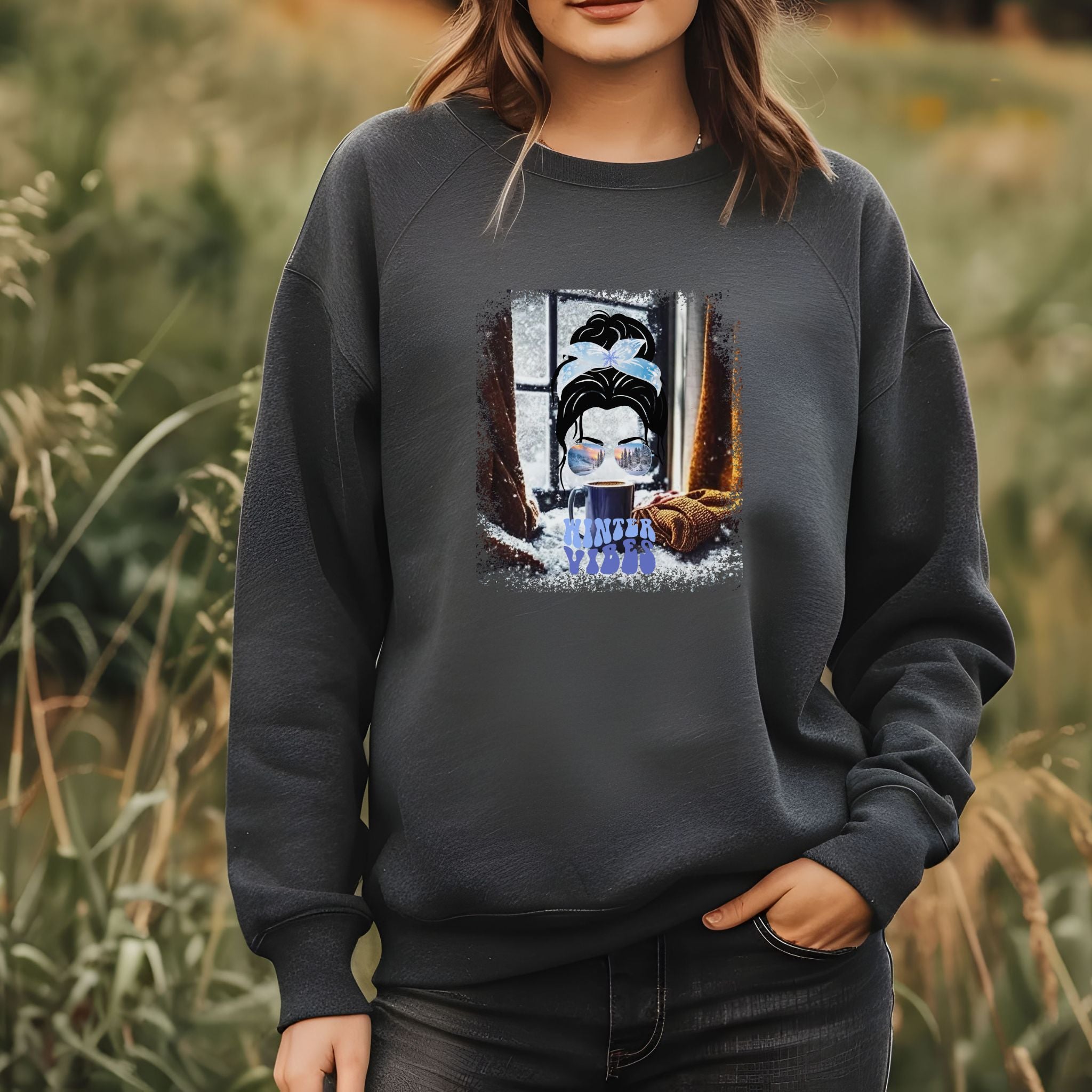 Winter Vibes Winter Sweater, Dark Hair Messy Bun, Unisex Heavy Blend™ Crewneck Sweatshirt