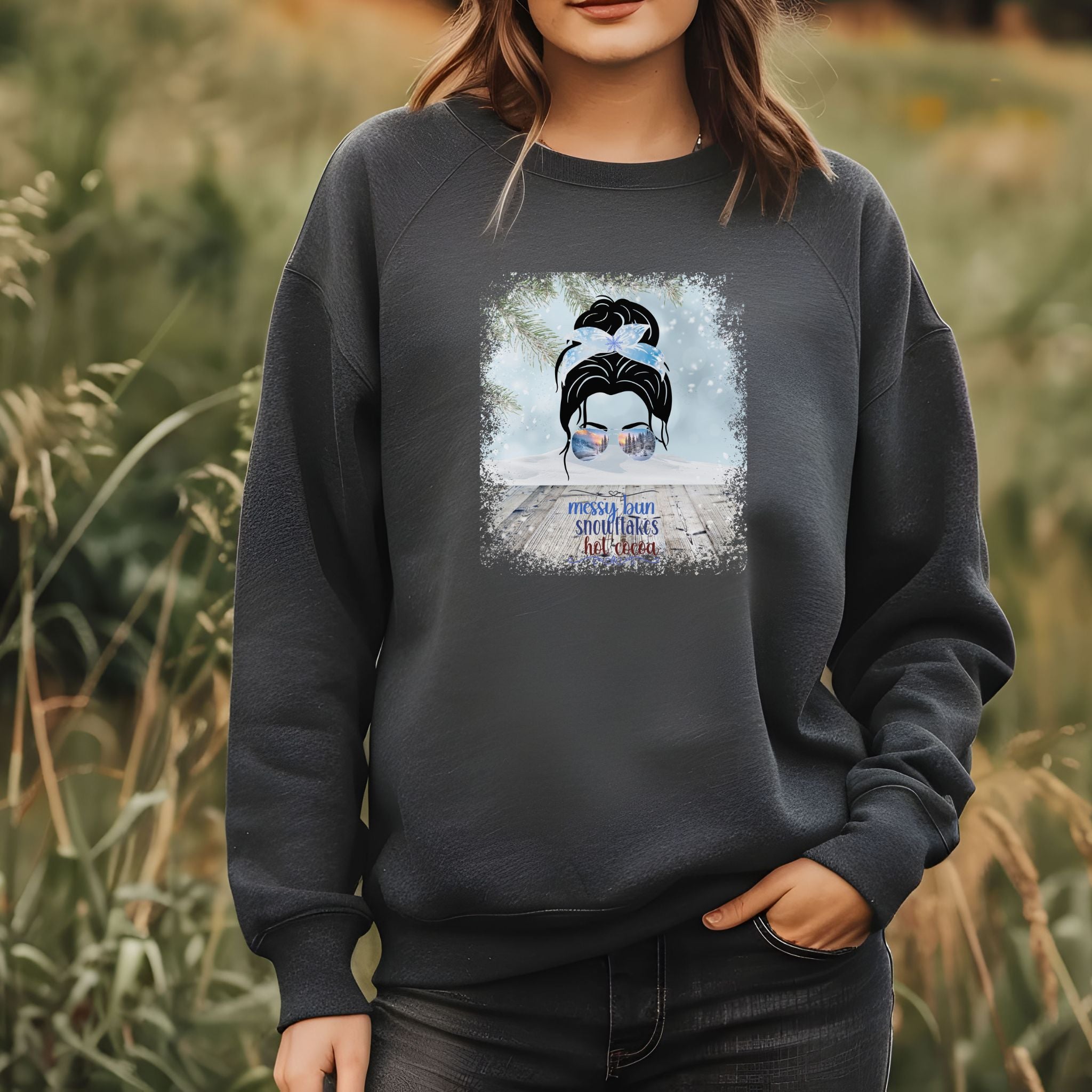 Messy Bun Snowy Porch, Dark Hair Messy Bun, Unisex Heavy Blend™ Crewneck Sweatshirt