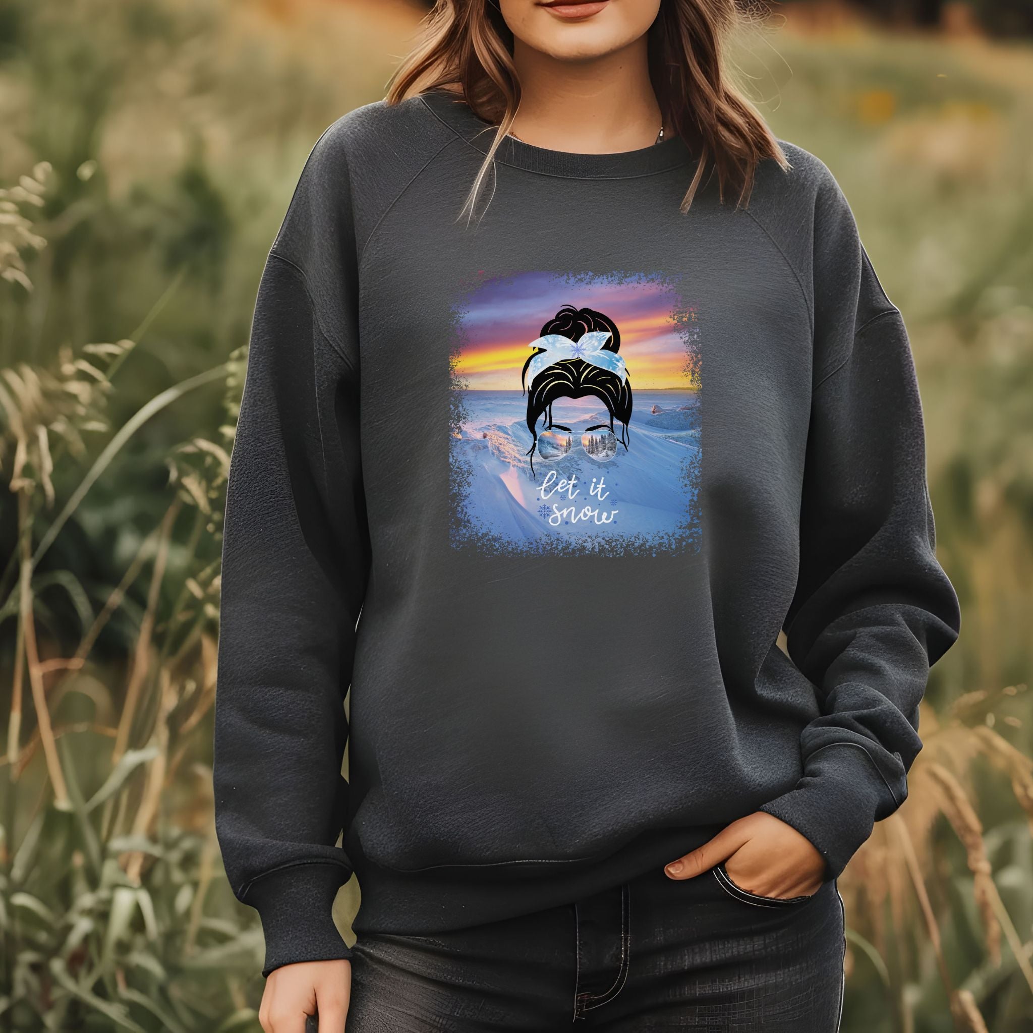 Let it Snow Winter Mountain, Dark Hair Messy Bun, Unisex Heavy Blend™ Crewneck Sweatshirt