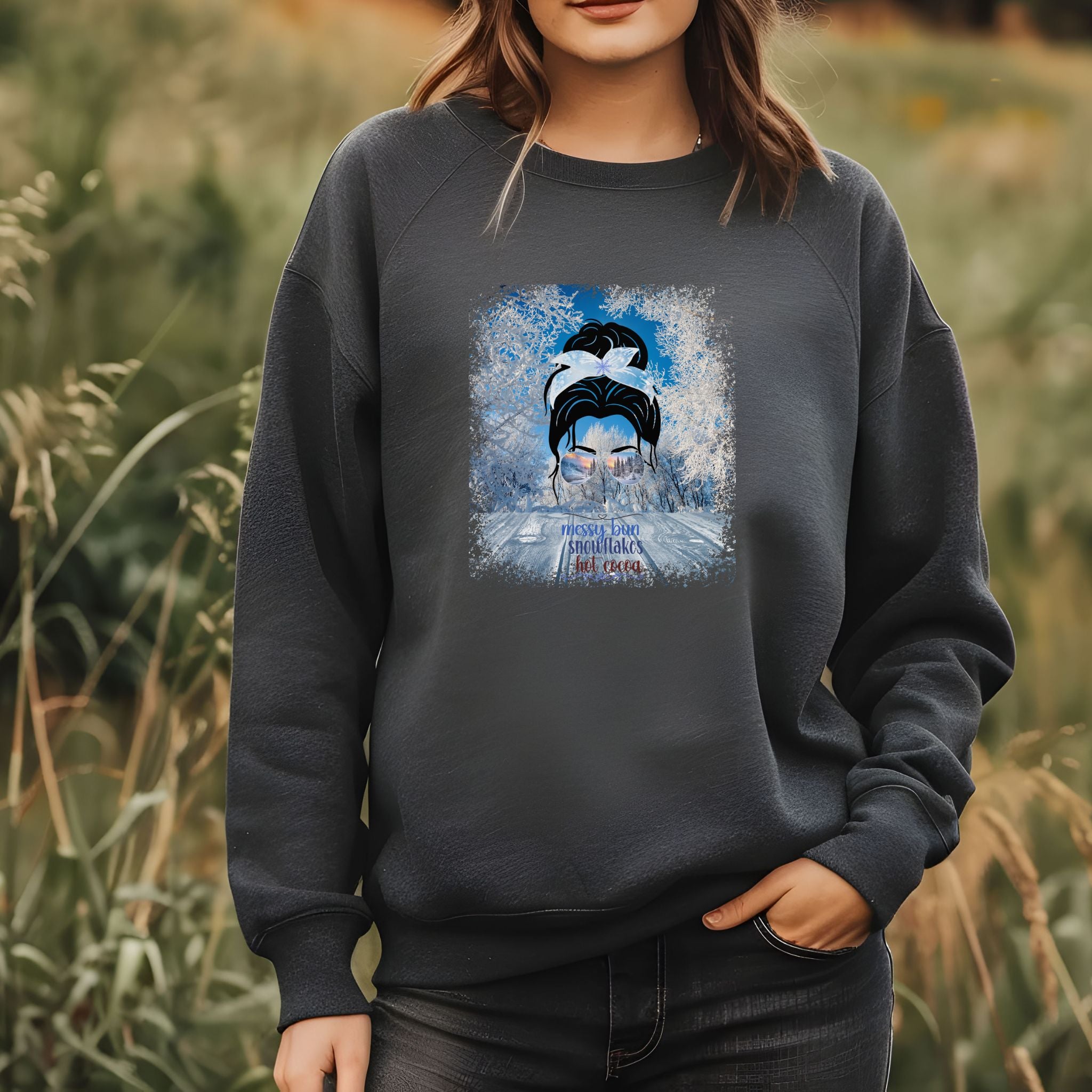 Messy Bun Winter Porch, Dark Hair Messy Bun, Unisex Heavy Blend™ Crewneck Sweatshirt