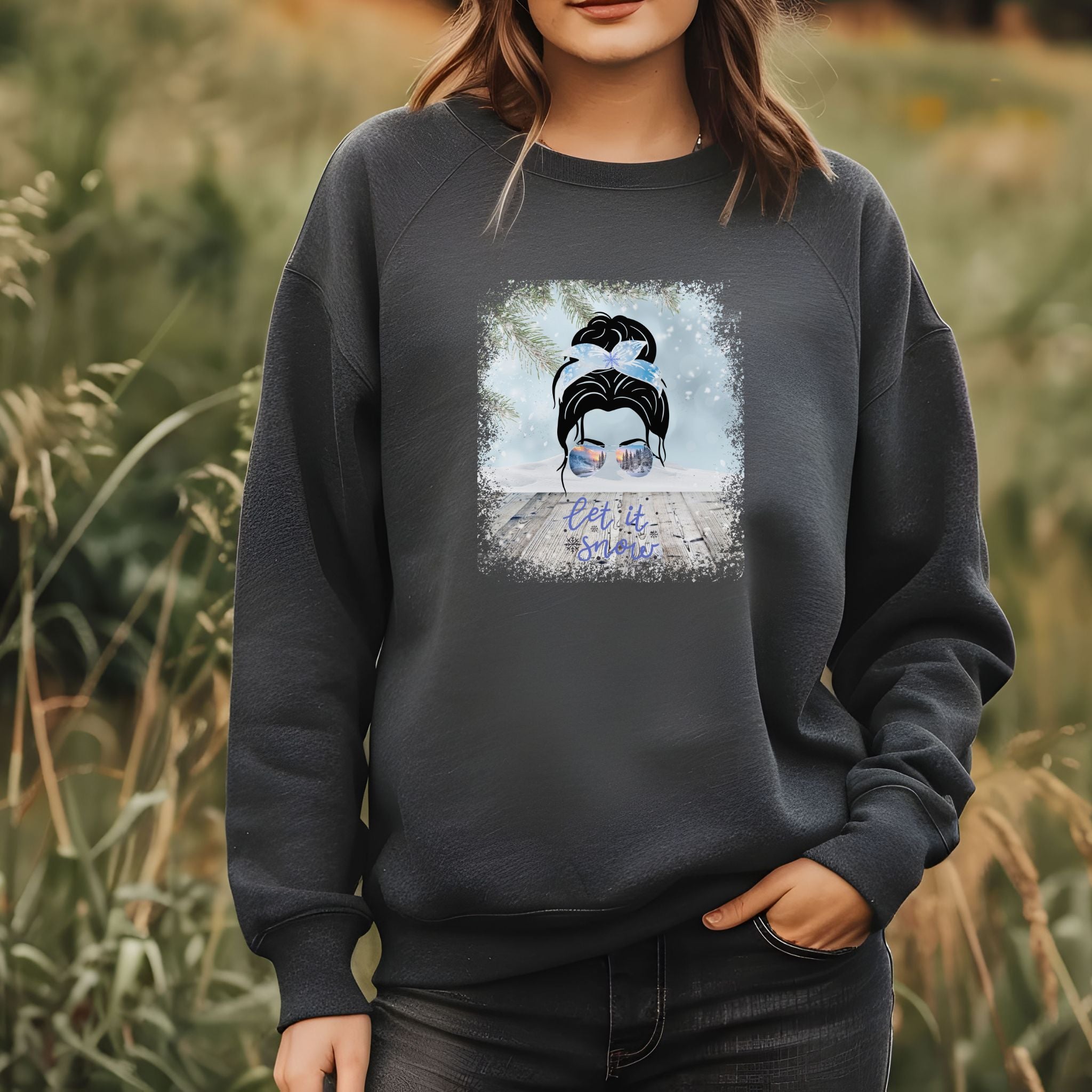 Let it Snow, Snowy Porch, Dark Hair Messy Bun, Unisex Heavy Blend™ Crewneck Sweatshirt