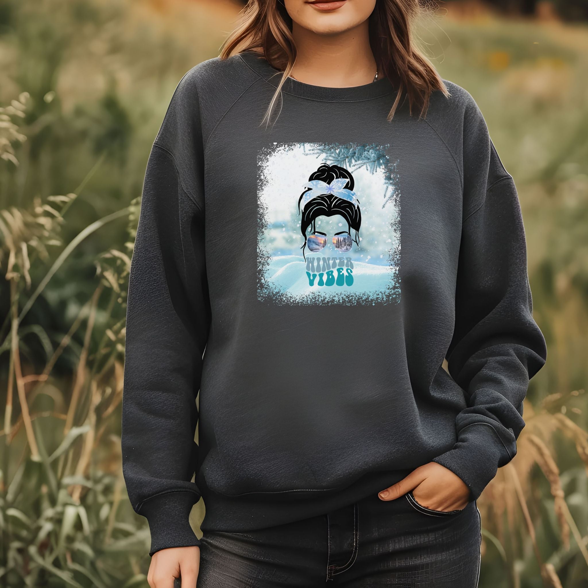 Winter Vibes Snow, Dark Hair Messy Bun, Unisex Heavy Blend™ Crewneck Sweatshirt