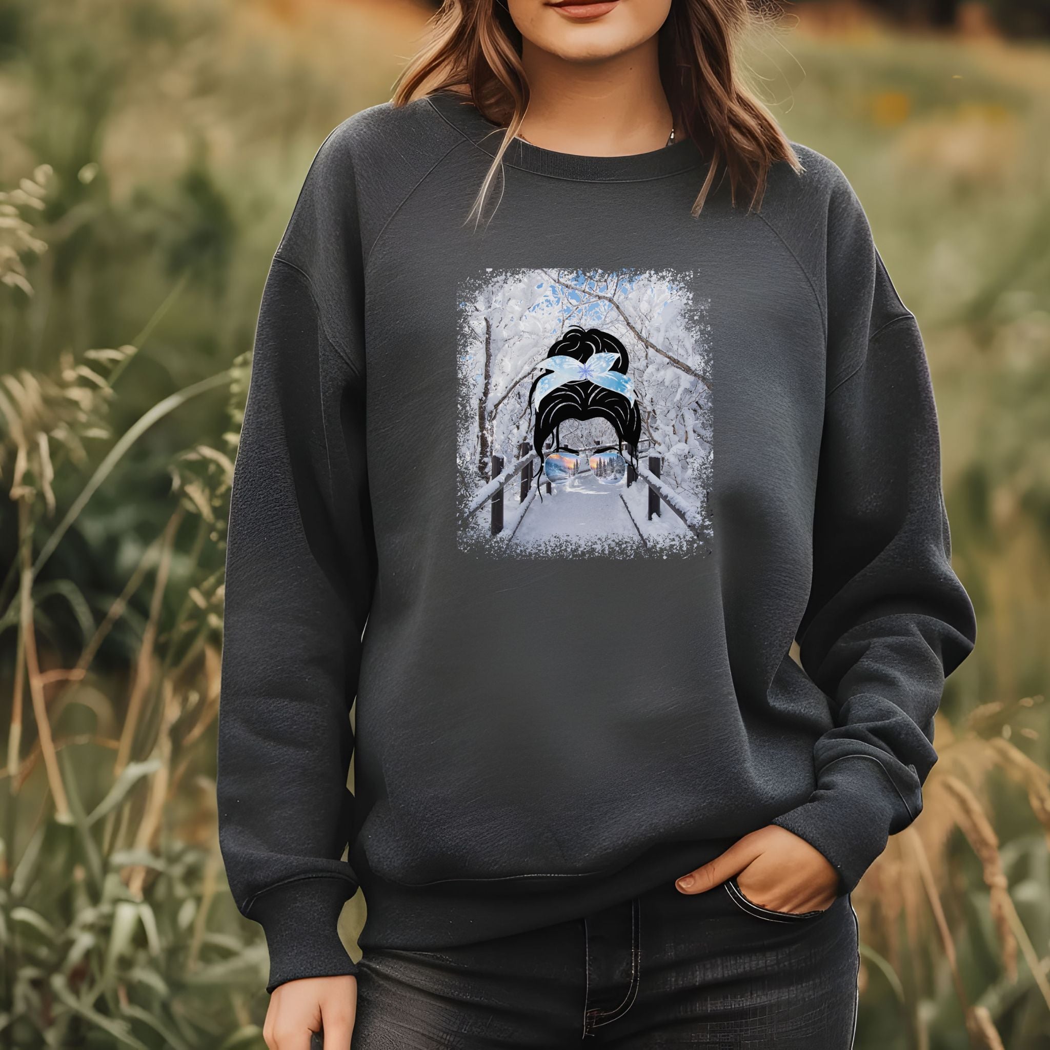 Winter Hike, Dark Hair Messy Bun, Unisex Heavy Blend™ Crewneck Sweatshirt