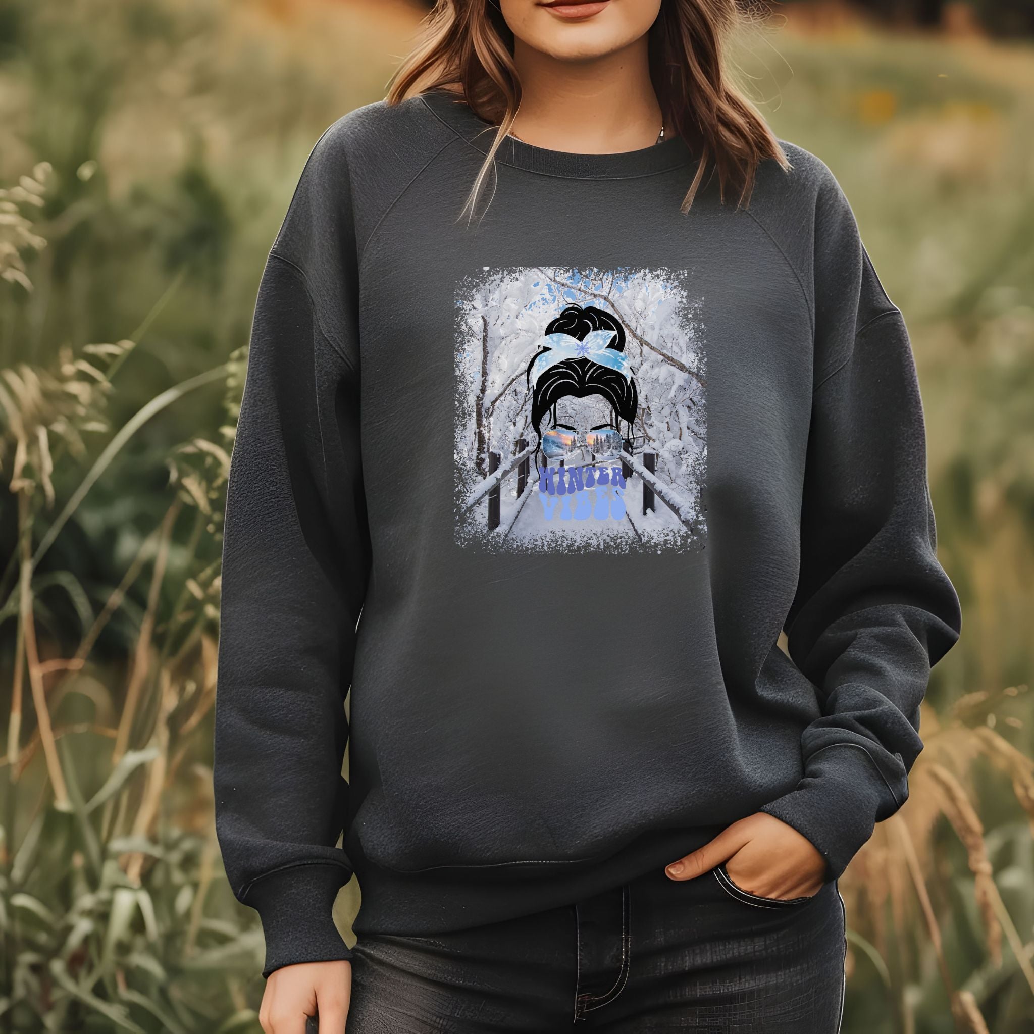 Winter Vibes Winter Hike, Dark Hair Messy Bun, Unisex Heavy Blend™ Crewneck Sweatshirt