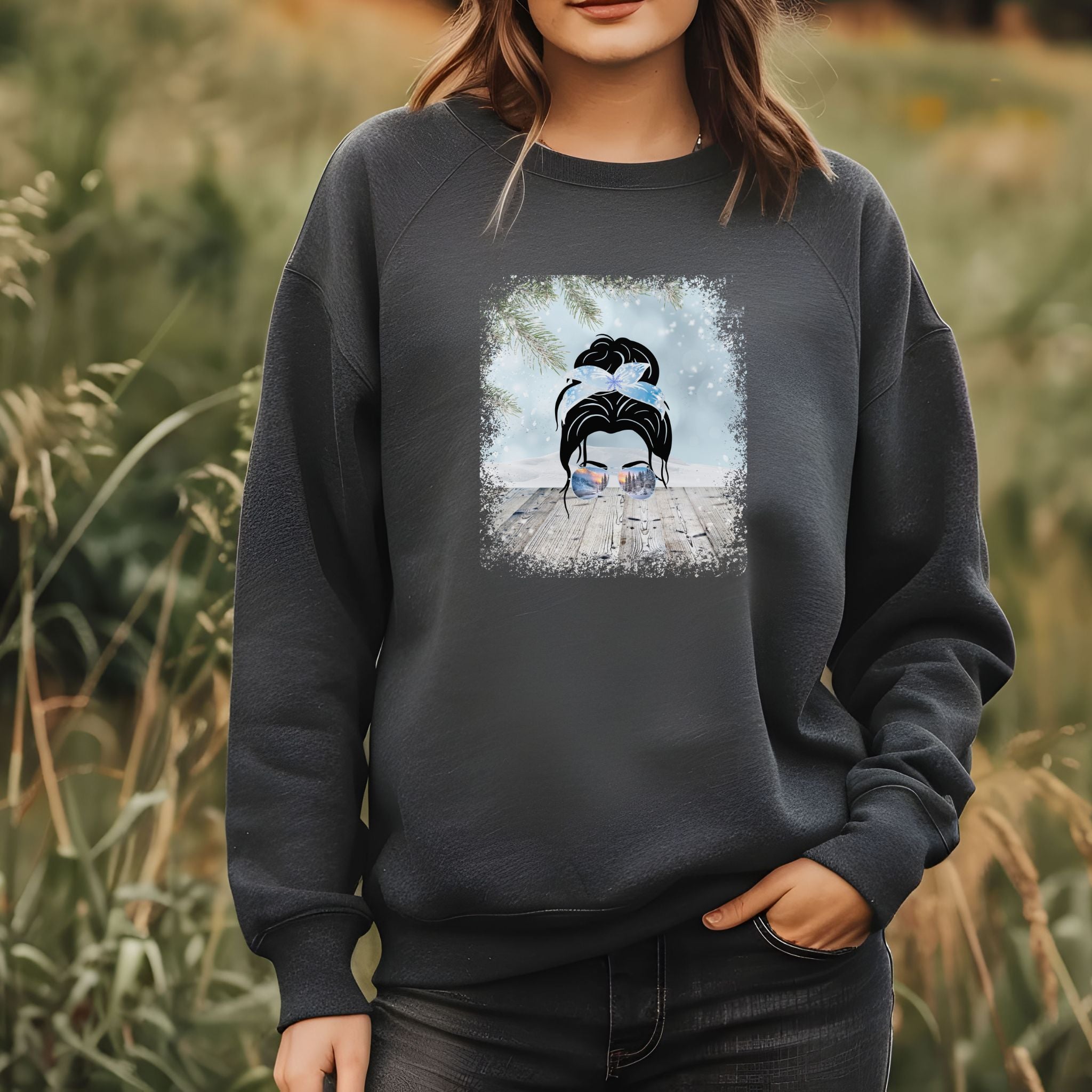 Snowy Porch, Dark Hair Messy Bun, Unisex Heavy Blend™ Crewneck Sweatshirt