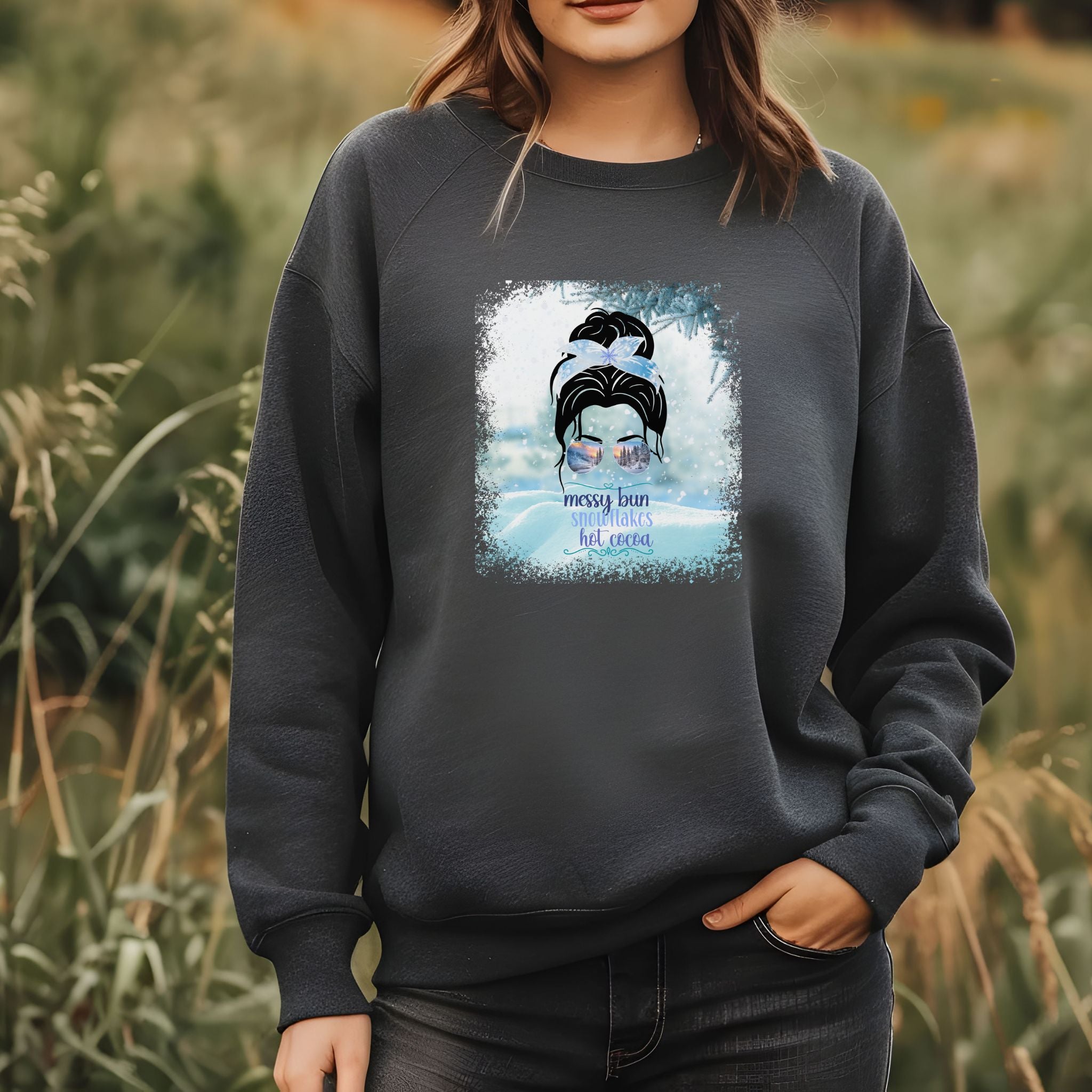 Messy Bun Snow, Dark Hair Messy Bun, Unisex Heavy Blend™ Crewneck Sweatshirt