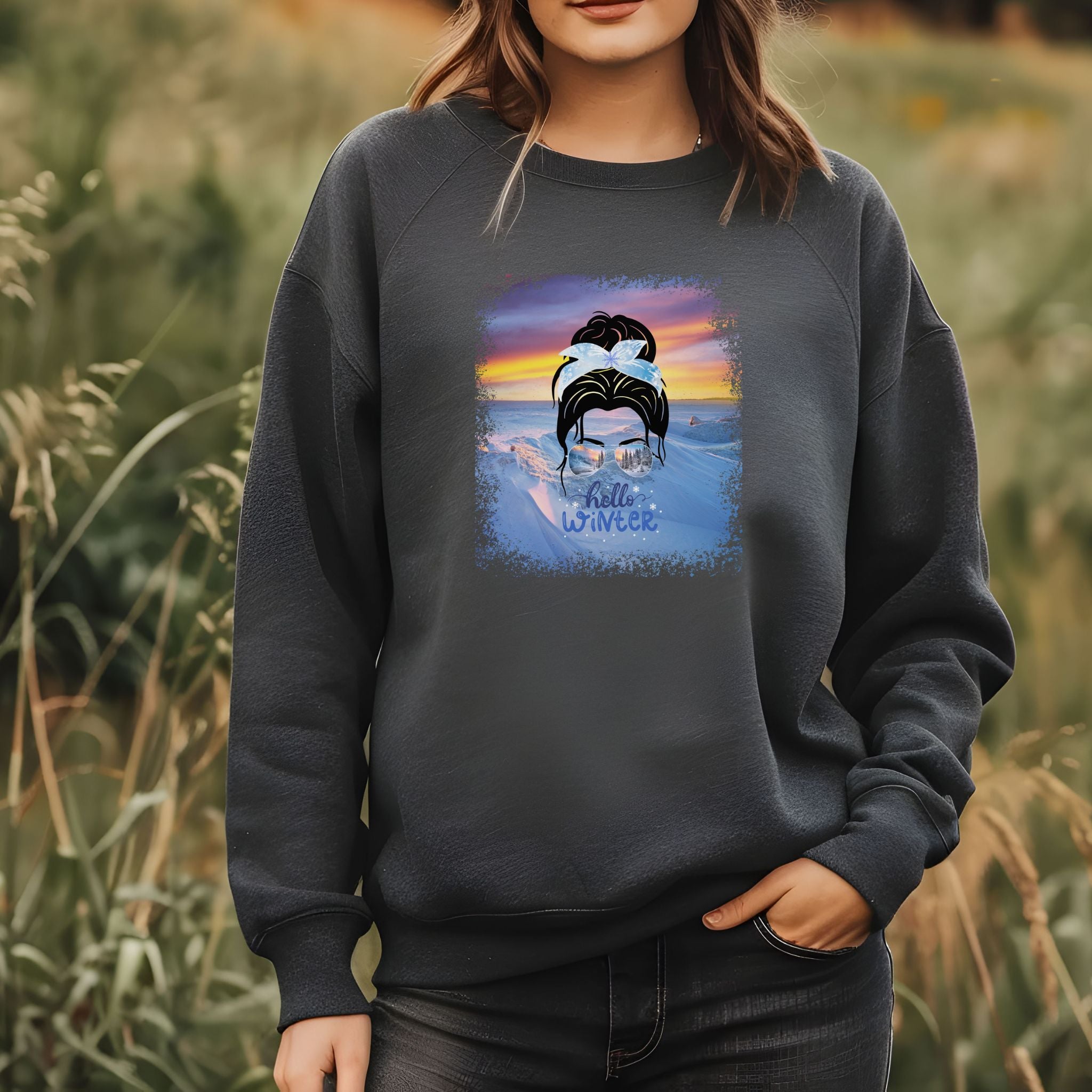 Hello Winter, Winter Mountain, Dark Hair Messy Bun, Unisex Heavy Blend™ Crewneck Sweatshirt