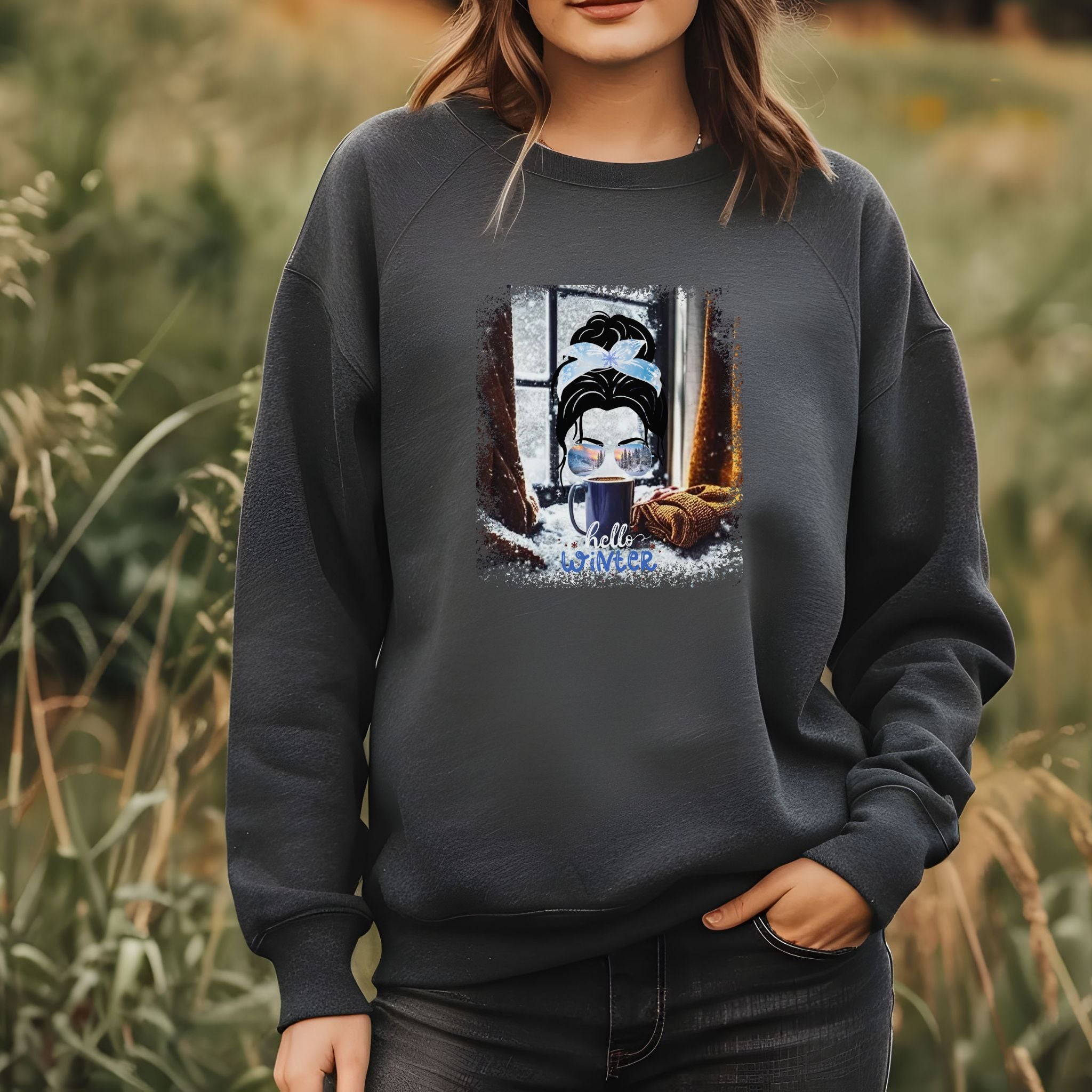 Hello Winter, Winter Sweater, Dark Hair Messy Bun, Unisex Heavy Blend™ Crewneck Sweatshirt