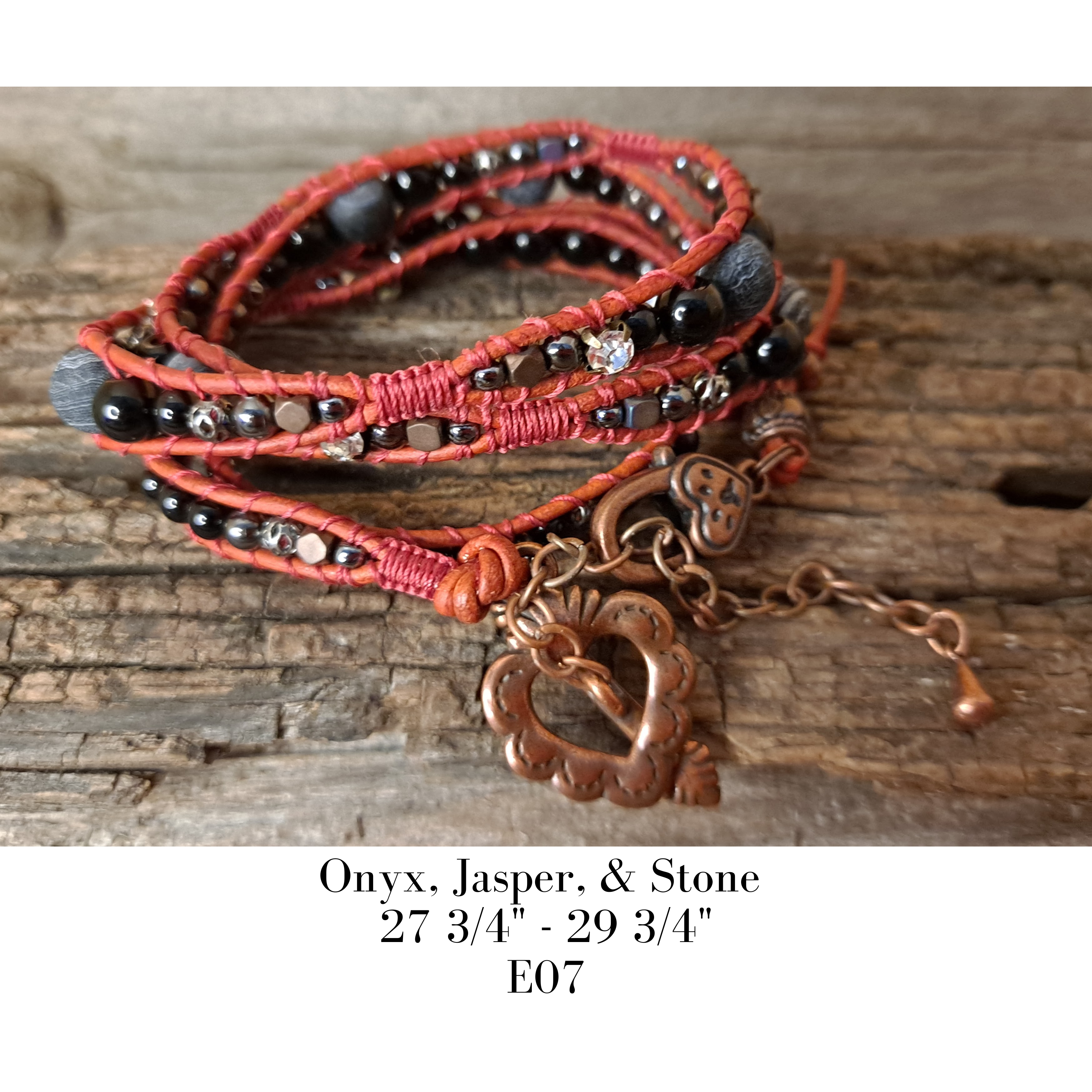 Bracelet Handmade, 4-Wrap Leather Bracelet, Onyx, Jasper, & Stone Beads (E07)