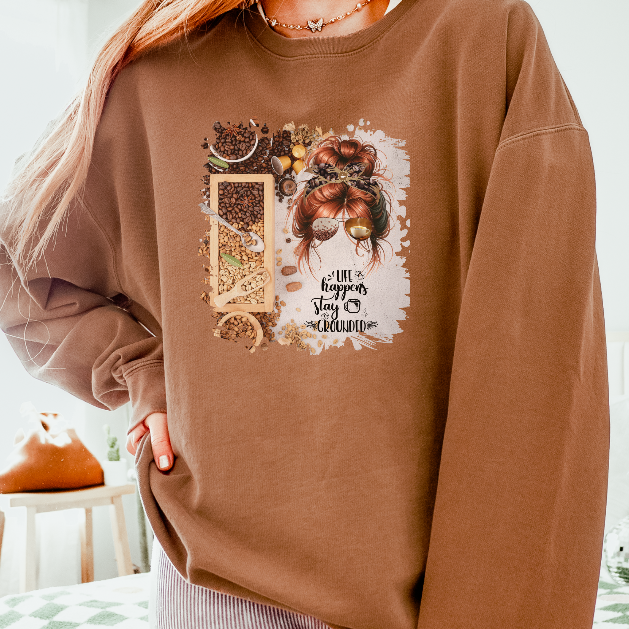 Stay Grounded, Coffee Beans Variety, Red Hair Messy Bun, Unisex Lightweight Crewneck Sweatshirt