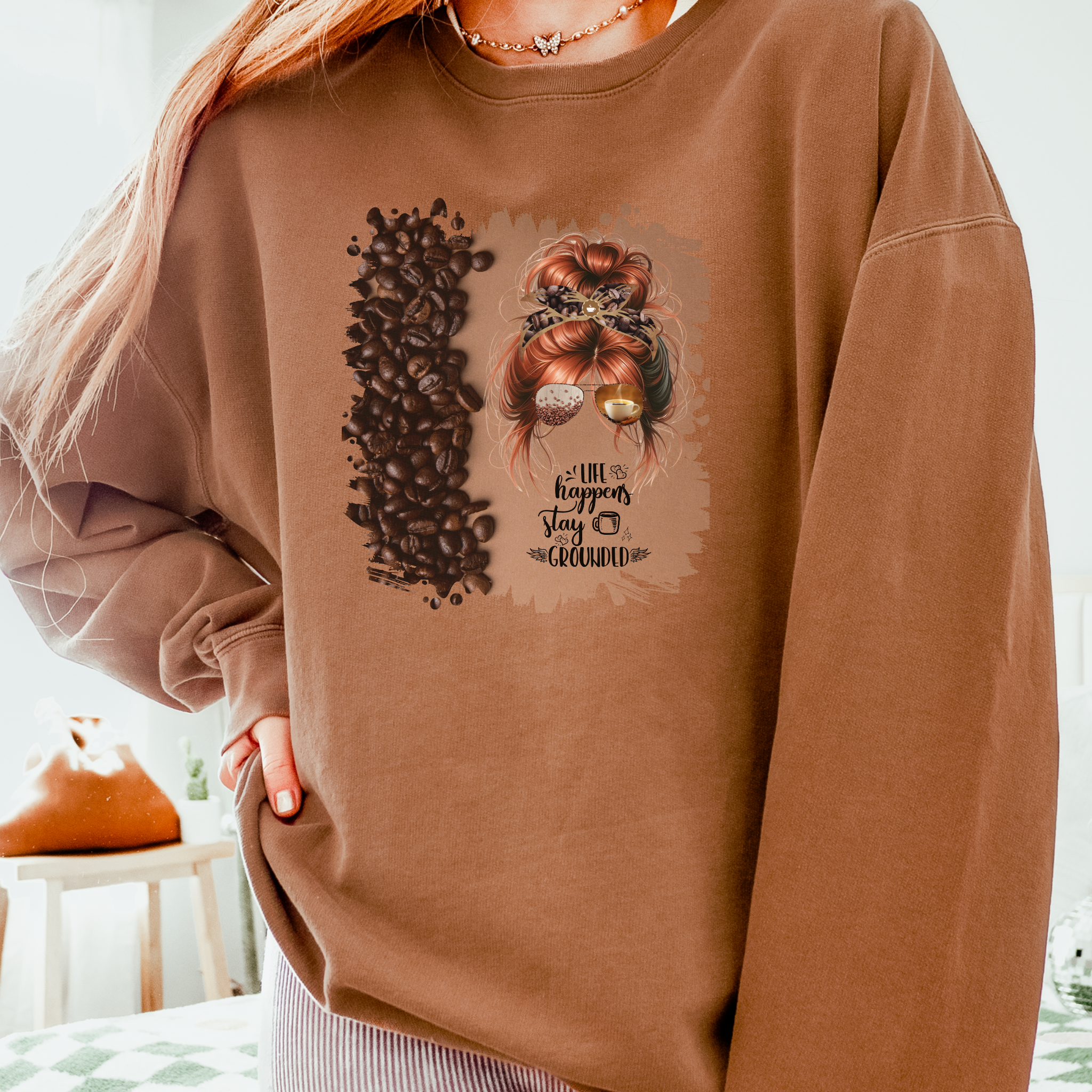 Stay Grounded, Coffee Beans Shade, Red Hair Messy Bun, Unisex Lightweight Crewneck Sweatshirt