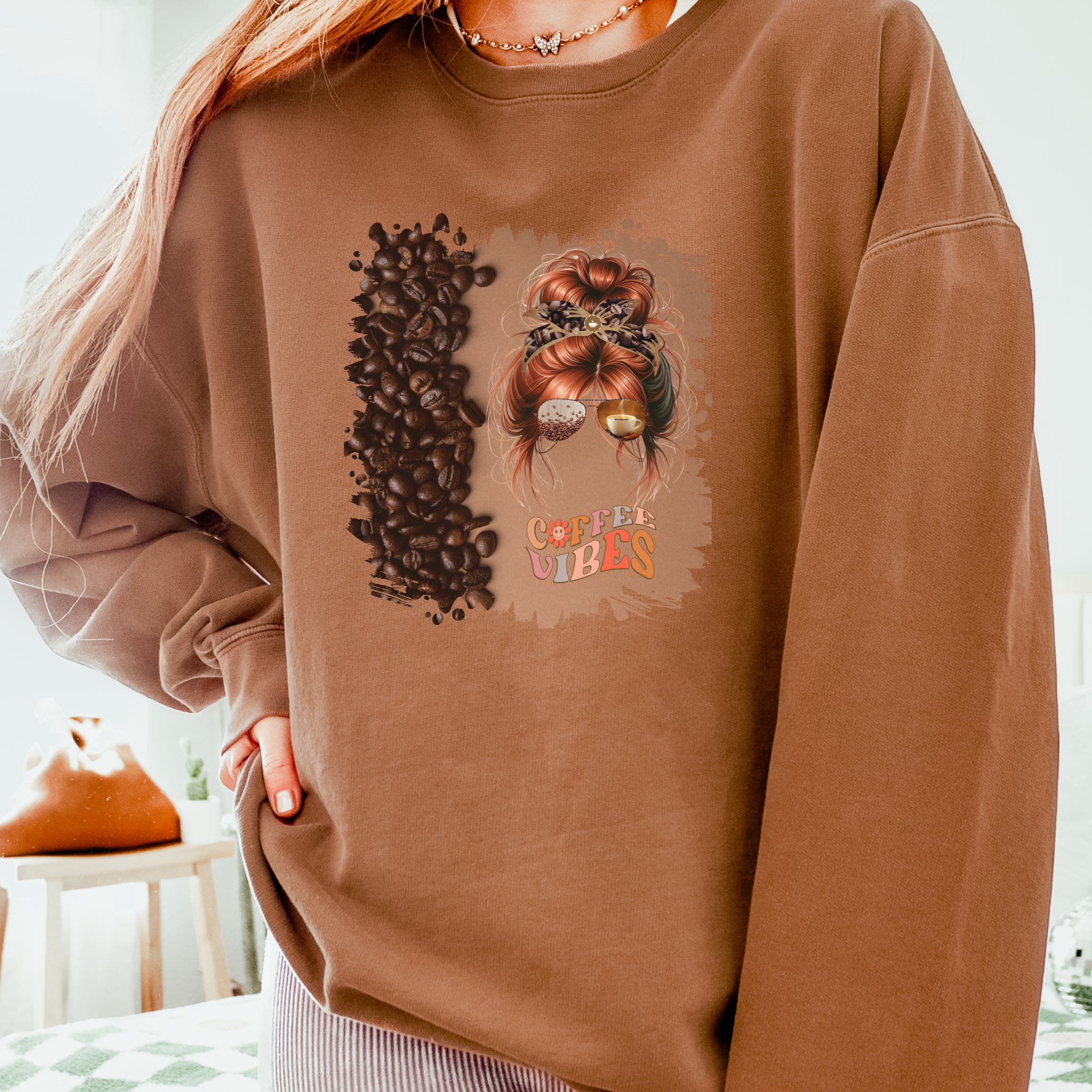 Coffee Vibes, Coffee Beans Shade, Red Hair Messy Bun, Unisex Lightweight Crewneck Sweatshirt