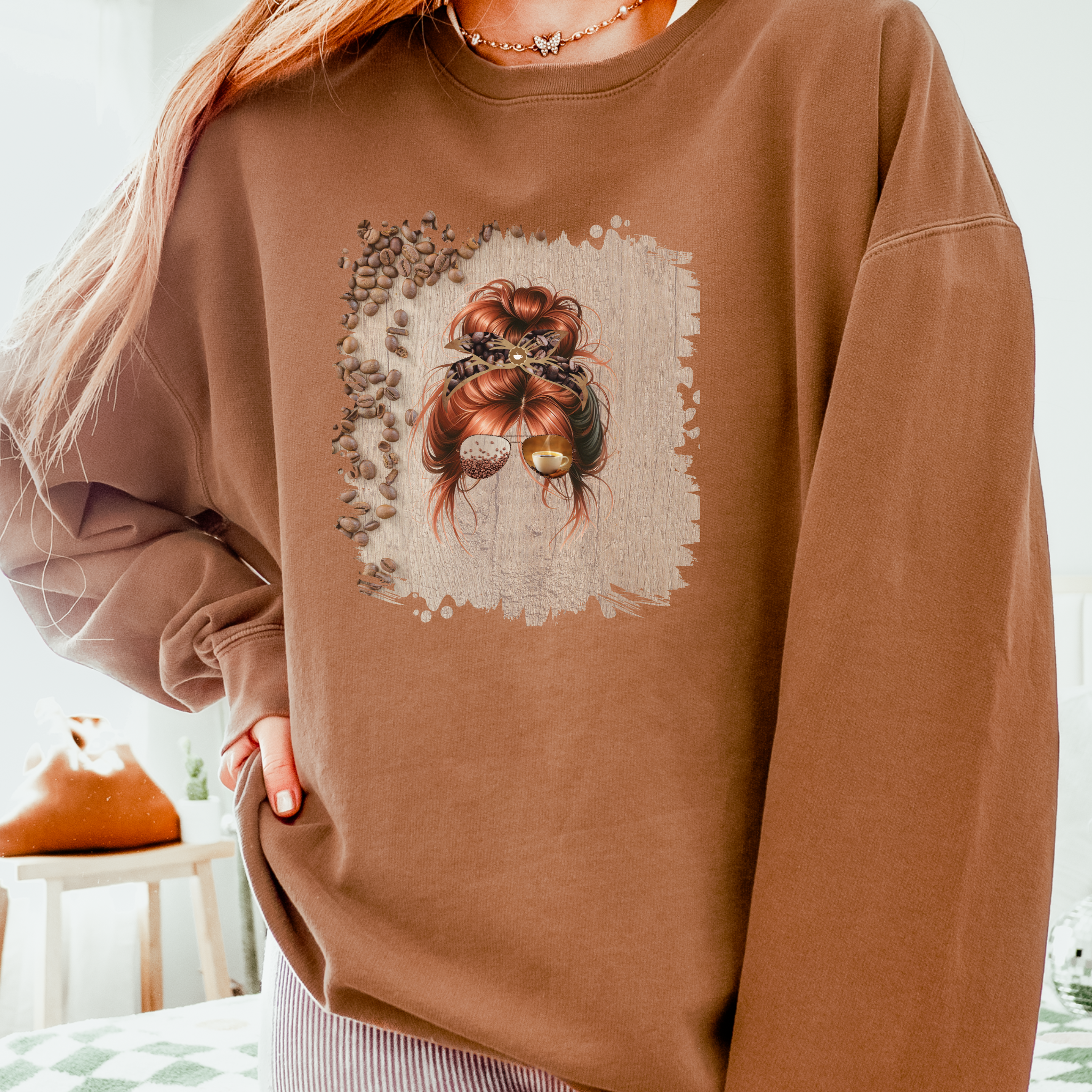 Coffee Beans Table, Red Hair Messy Bun, Unisex Lightweight Crewneck Sweatshirt