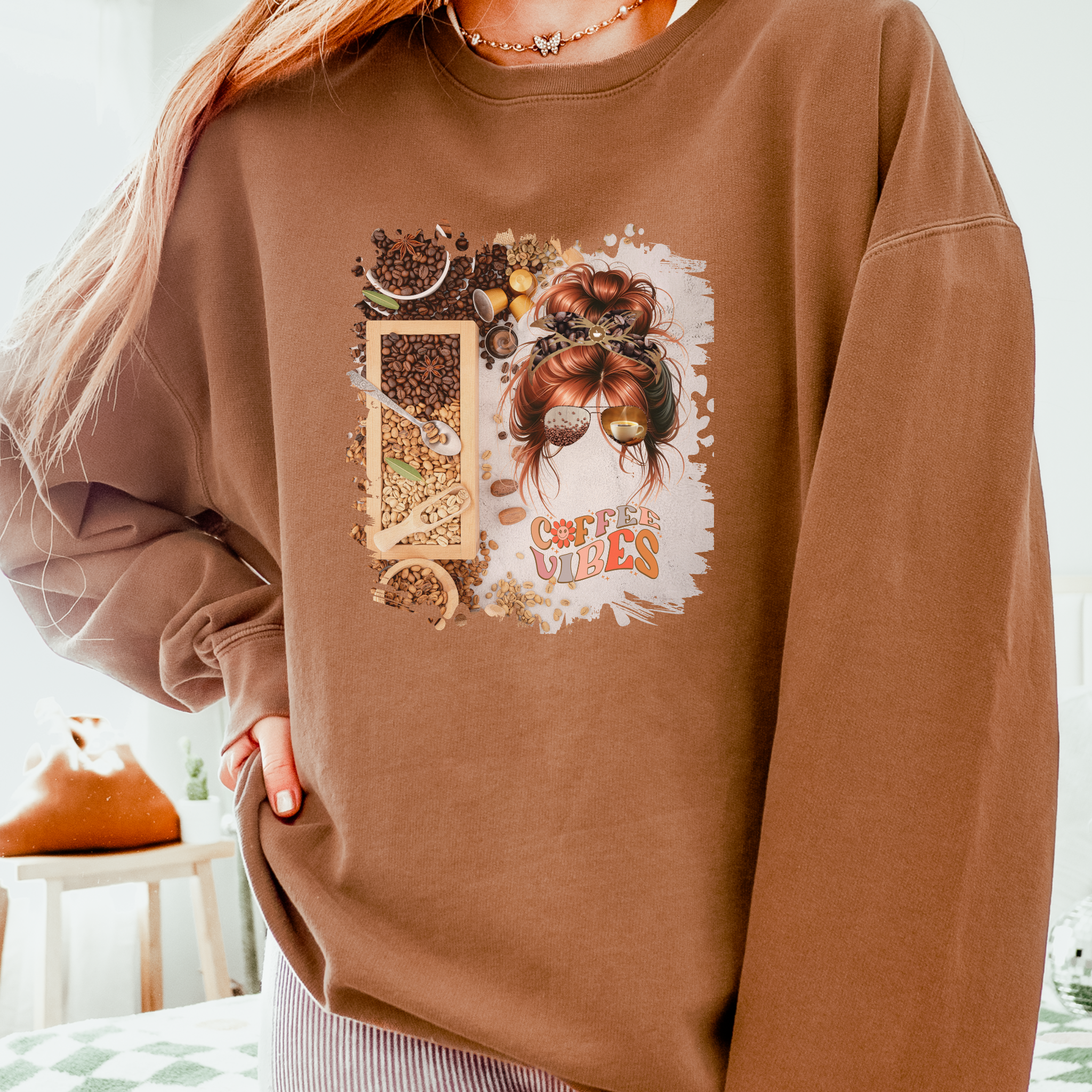 Coffee Vibes, Coffee Beans Variety, Red Hair Messy Bun, Unisex Lightweight Crewneck Sweatshirt