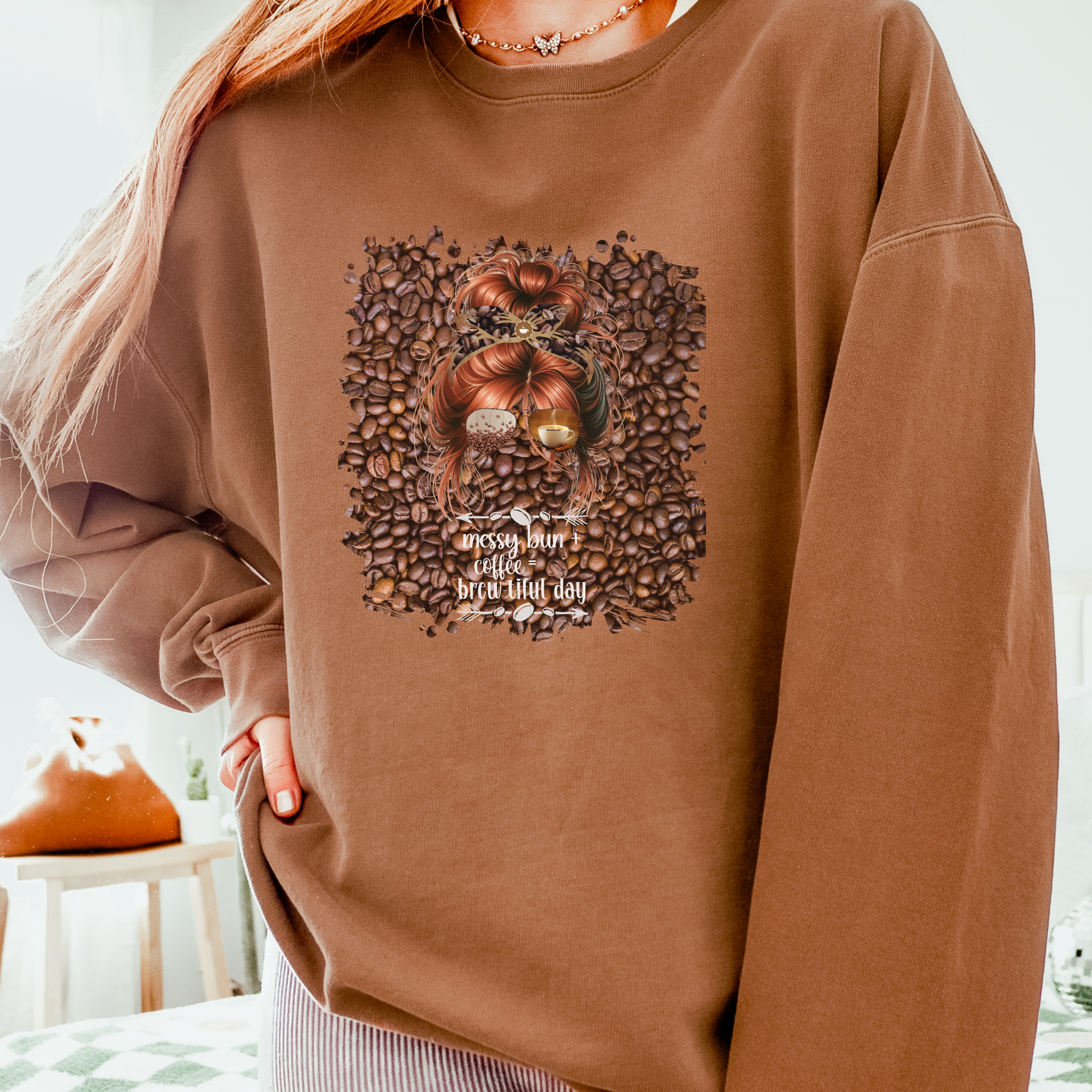 Messy Bun plus Coffee, Coffee Beans, Red Hair Messy Bun, Unisex Lightweight Crewneck Sweatshirt