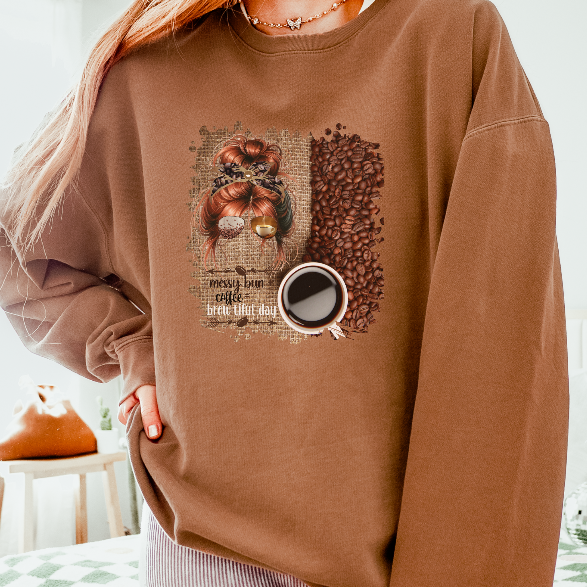 Messy Bun plus Coffee, Coffee Beans Bag, Red Hair Messy Bun, Unisex Lightweight Crewneck Sweatshirt