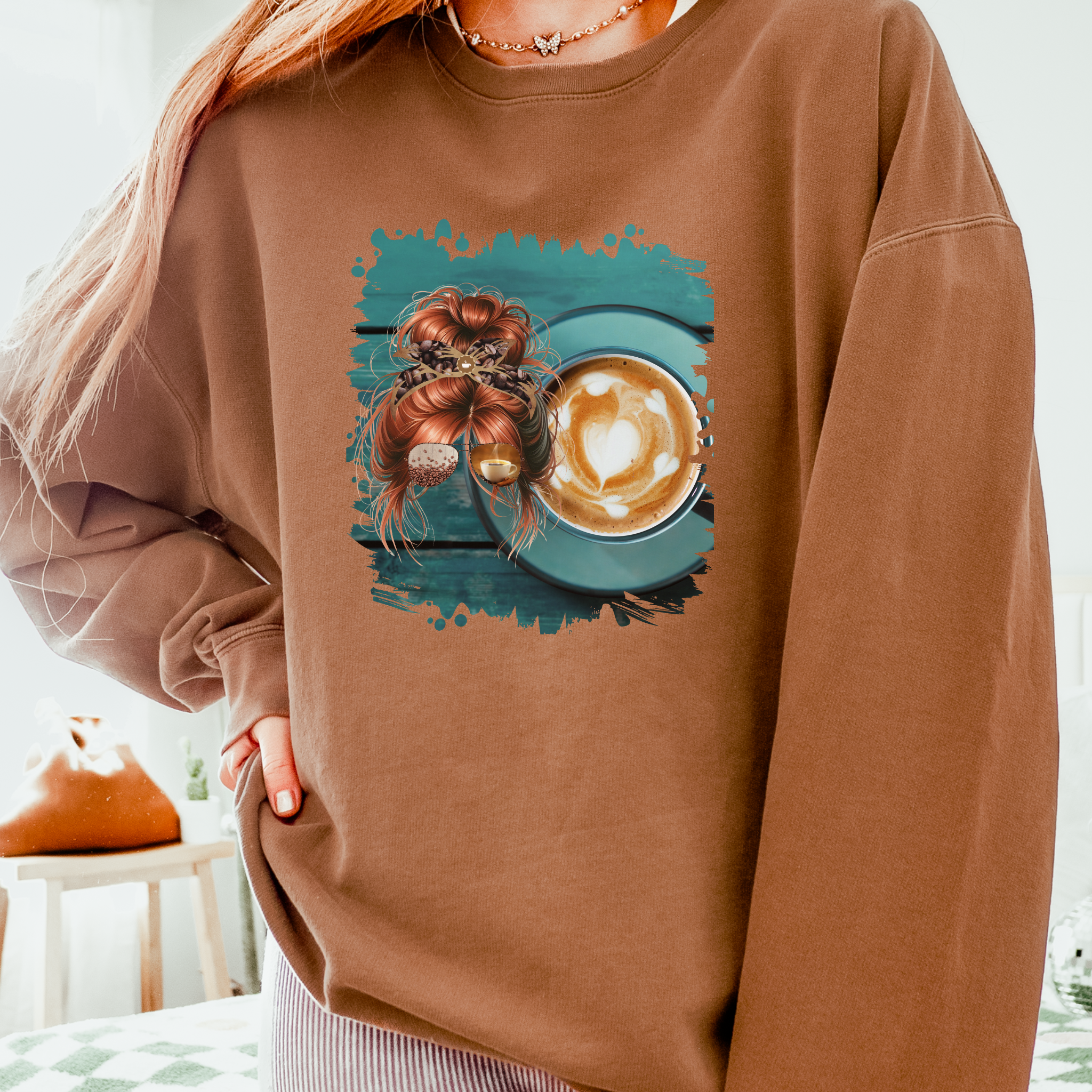 Coffee Cup, Red Hair Messy Bun, Unisex Lightweight Crewneck Sweatshirt