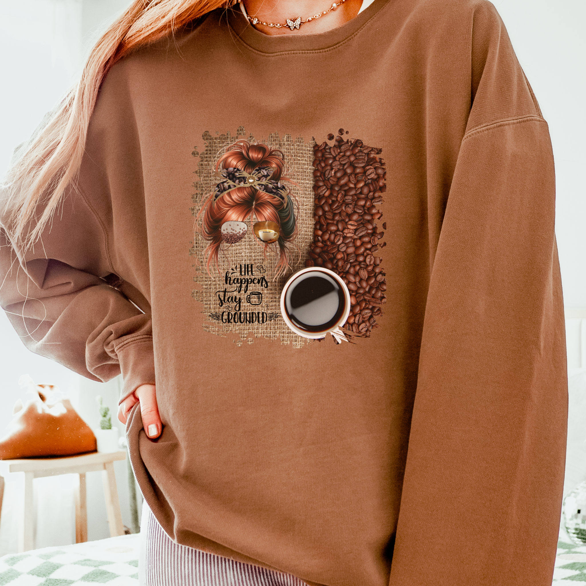 Stay Grounded, Coffee Beans Bag, Red Hair Messy Bun, Unisex Lightweight Crewneck Sweatshirt