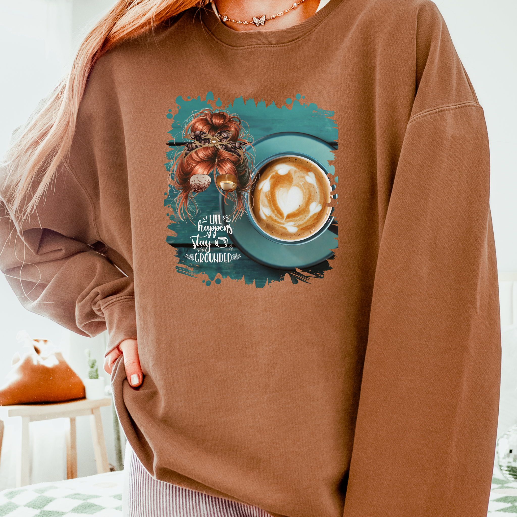 Stay Grounded, Coffee Cup, Red Hair Messy Bun, Unisex Lightweight Crewneck Sweatshirt