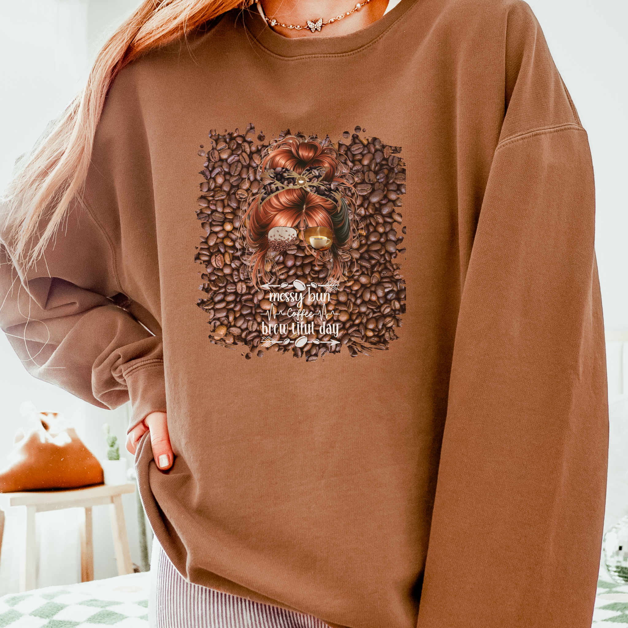 Coffee Heartbeat, Coffee Beans, Red Hair Messy Bun, Unisex Lightweight Crewneck Sweatshirt