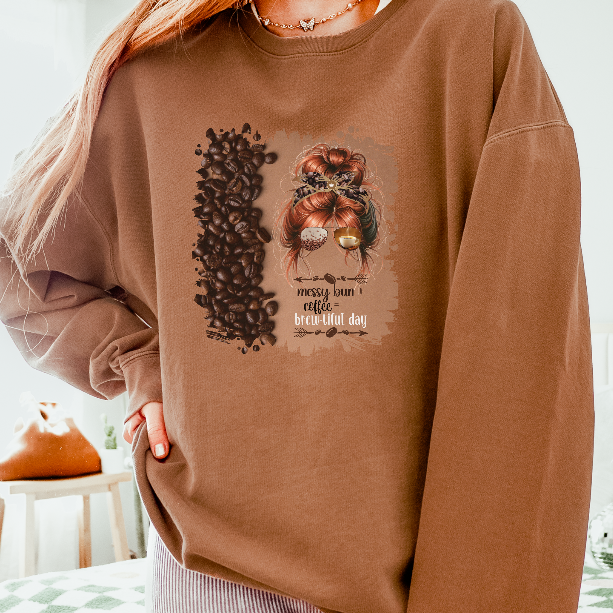 Messy Bun plus Coffee, Coffee Beans Shade, Red Hair Messy Bun, Unisex Lightweight Crewneck Sweatshirt