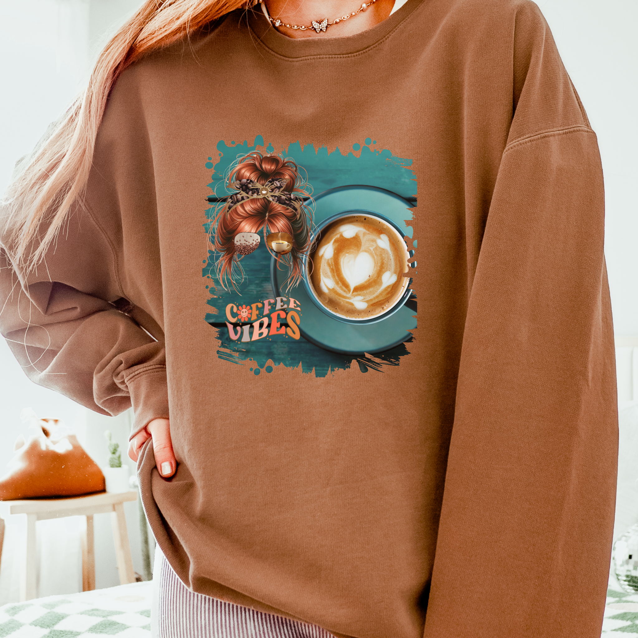 Coffee Vibes, Coffee Cup, Red Hair Messy Bun, Unisex Lightweight Crewneck Sweatshirt