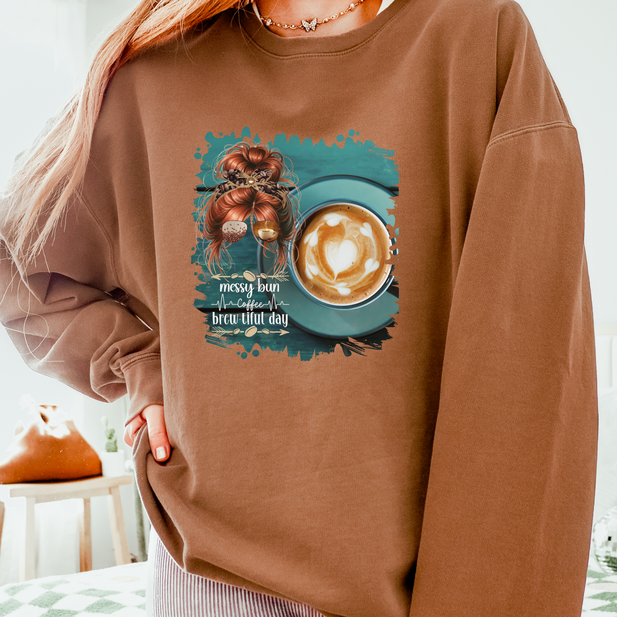 Coffee Heartbeat, Coffee Cup, Red Hair Messy Bun, Unisex Lightweight Crewneck Sweatshirt