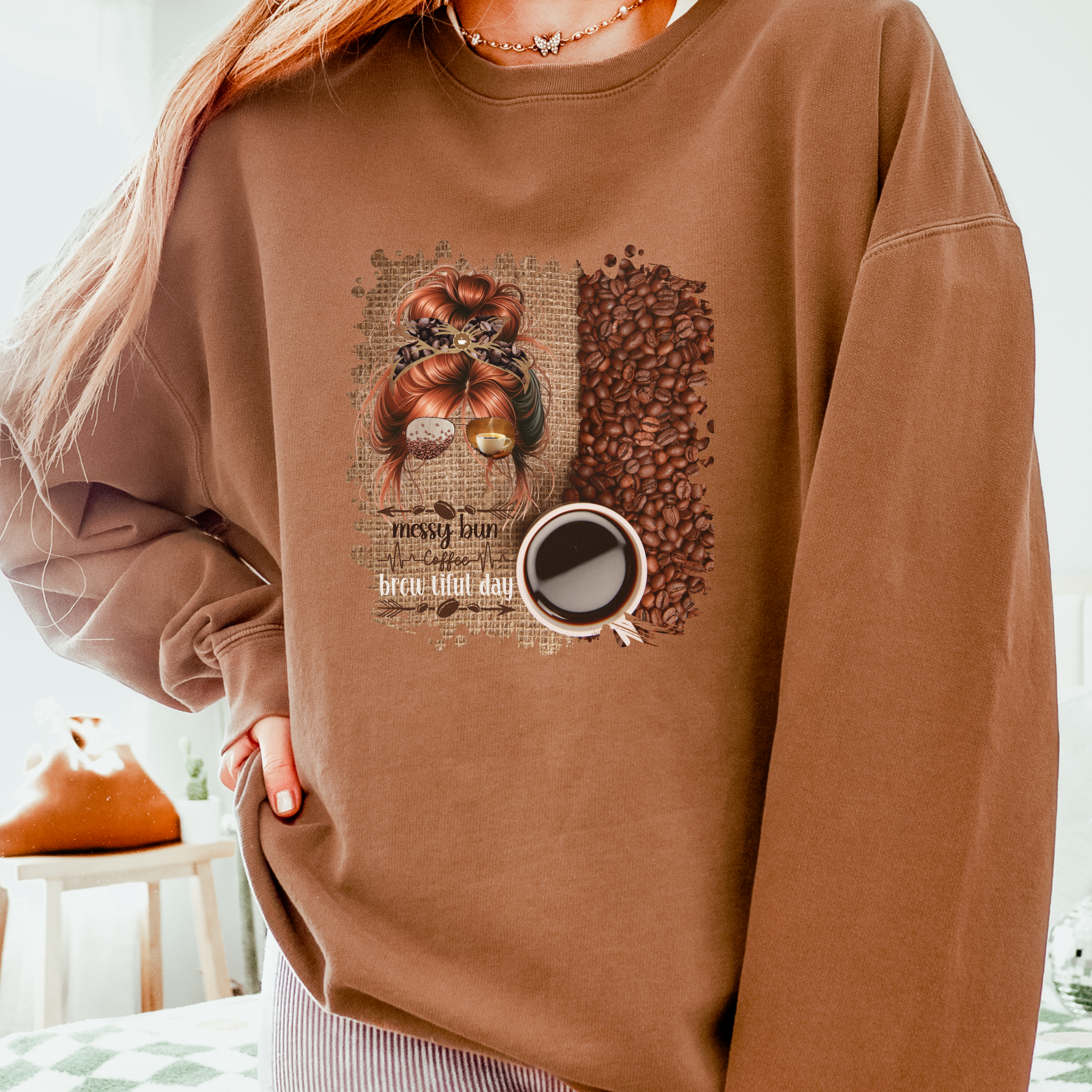 Coffee Heartbeat, Coffee Beans Bag, Red Hair Messy Bun, Unisex Lightweight Crewneck Sweatshirt