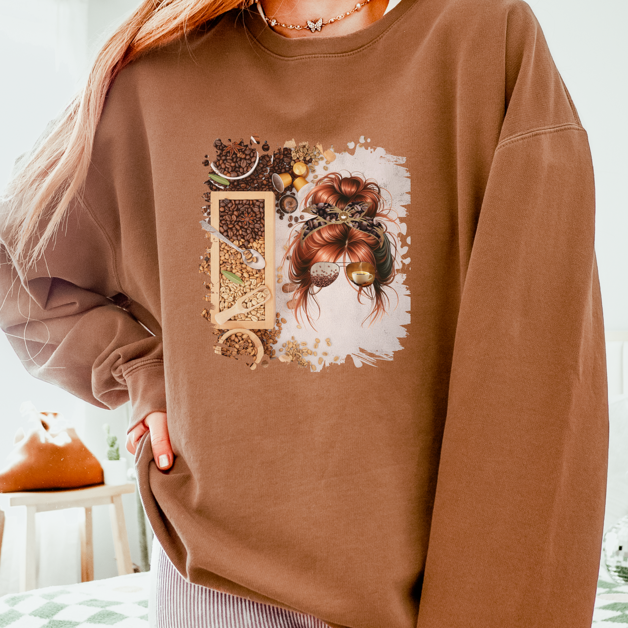 Coffee Beans Variety, Red Hair Messy Bun, Unisex Lightweight Crewneck Sweatshirt