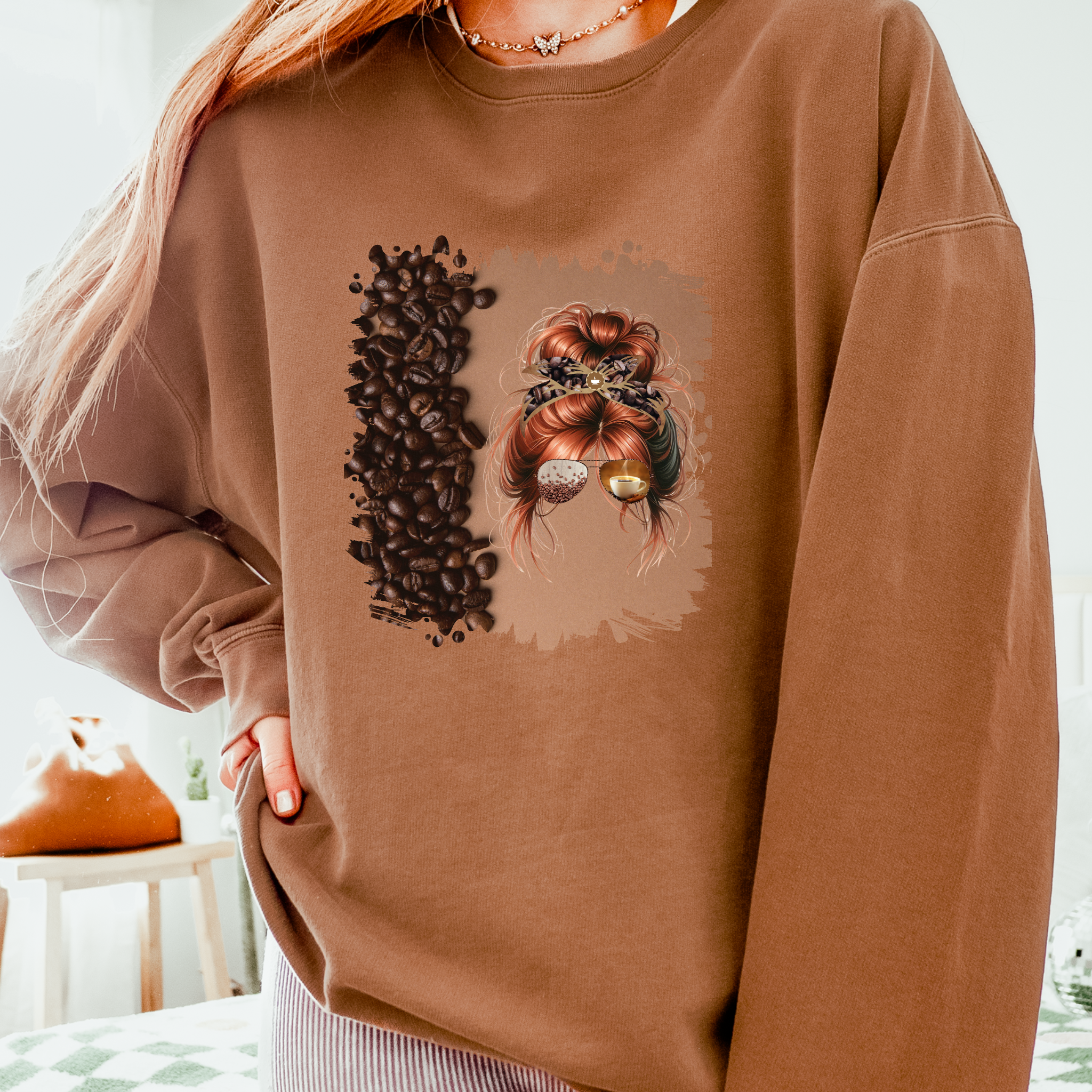 Coffee Beans Shade, Red Hair Messy Bun, Unisex Lightweight Crewneck Sweatshirt