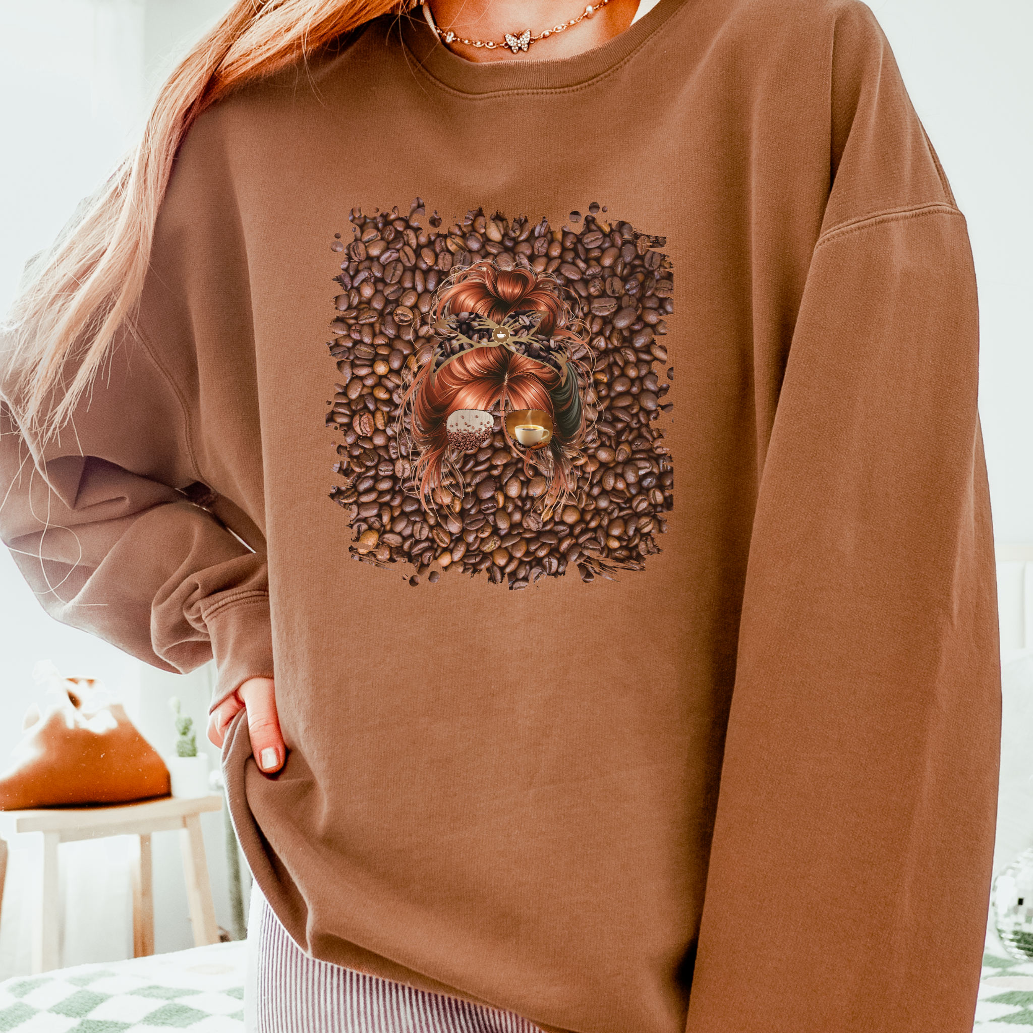 Coffee Beans, Red Hair Messy Bun, Unisex Lightweight Crewneck Sweatshirt