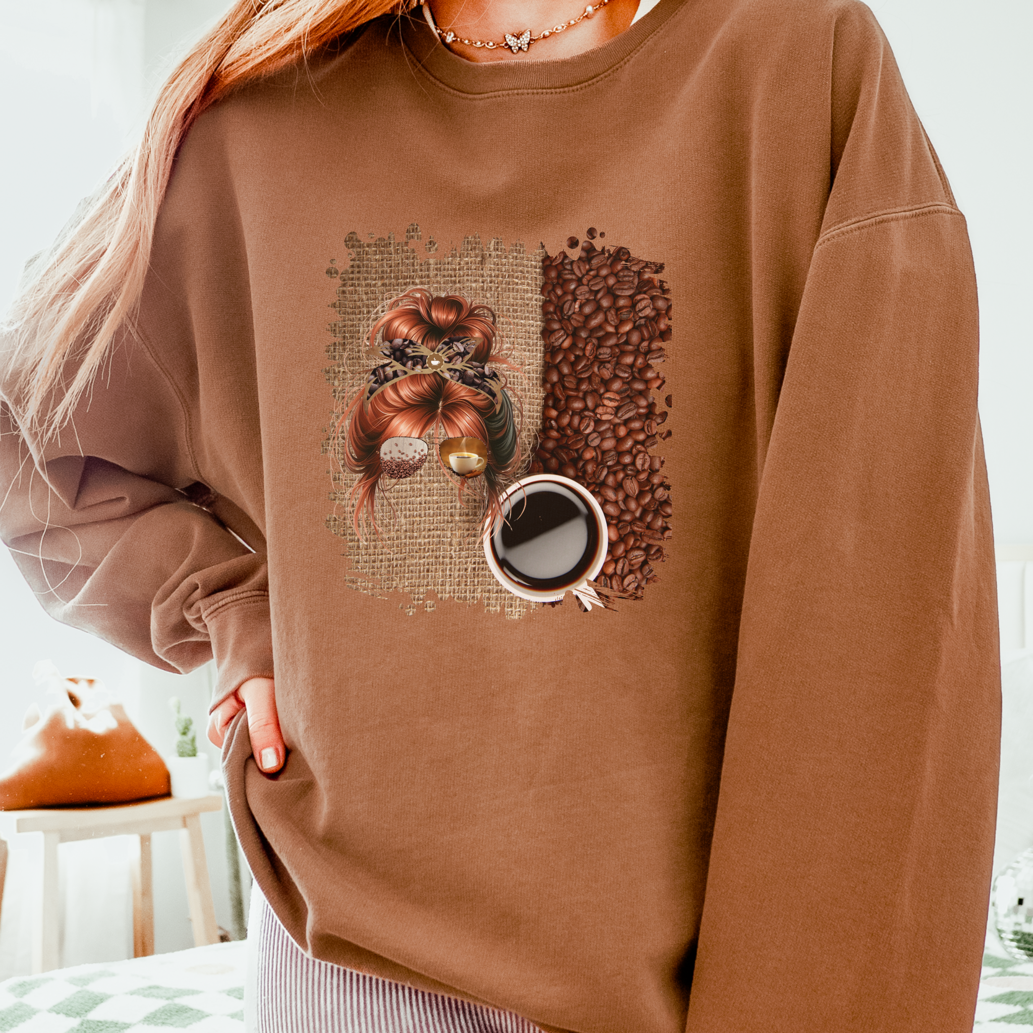 Coffee Beans Bag, Red Hair Messy Bun, Unisex Lightweight Crewneck Sweatshirt