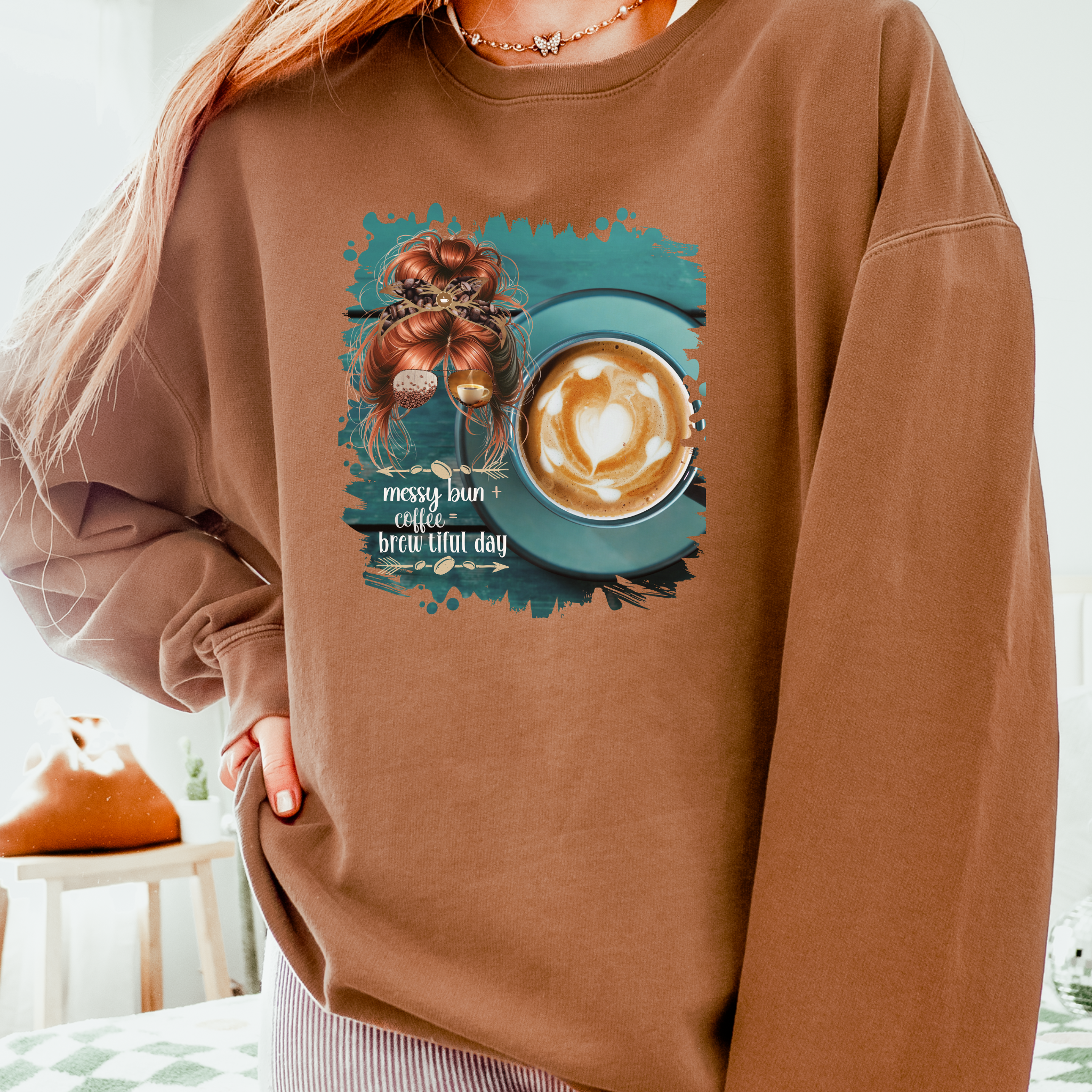 Messy Bun plus Coffee, Coffee Cup, Red Hair Messy Bun, Unisex Lightweight Crewneck Sweatshirt