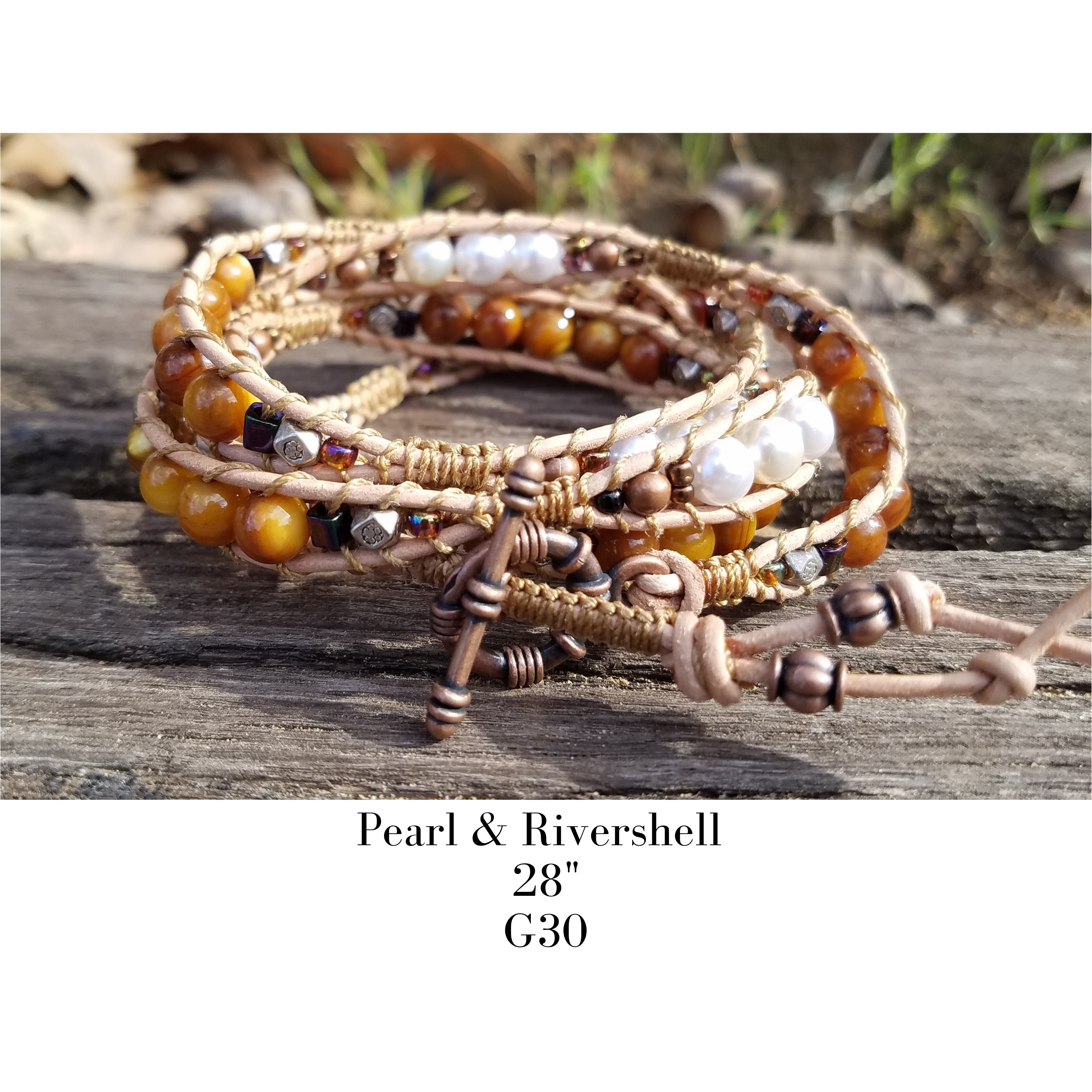 Bracelet Handmade, 4-Wrap Leather Bracelet, Pearl & Rivershell Beads (G30)