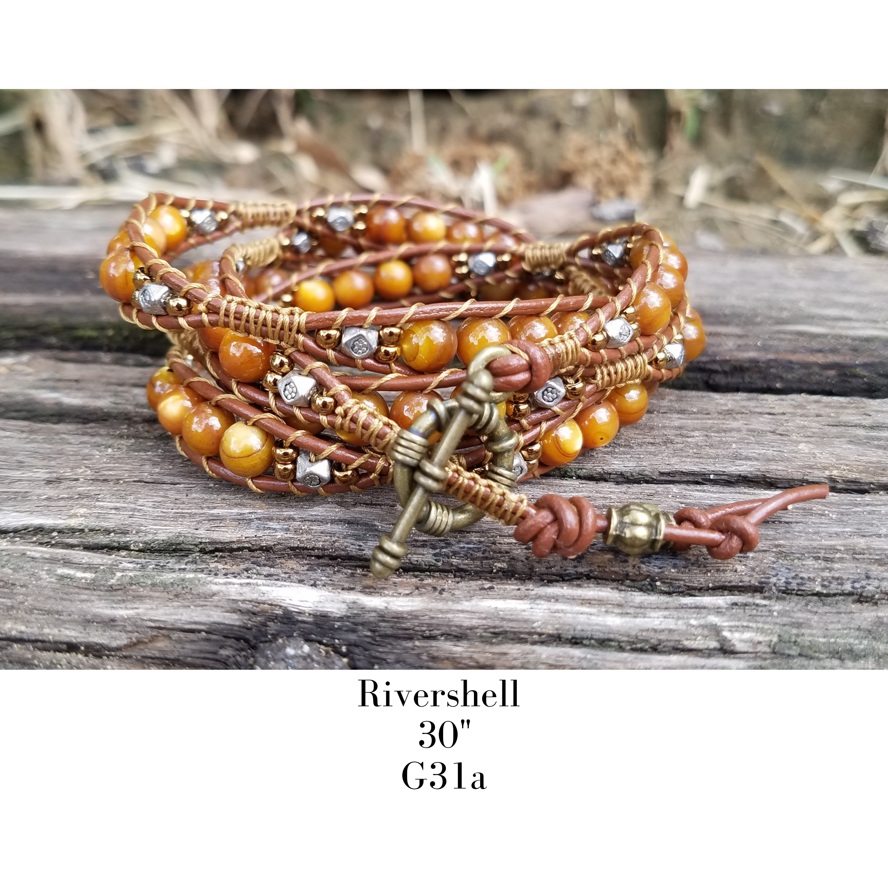 Bracelet Handmade, 4-Wrap Leather Bracelet, Rivershell Beads (G31a)