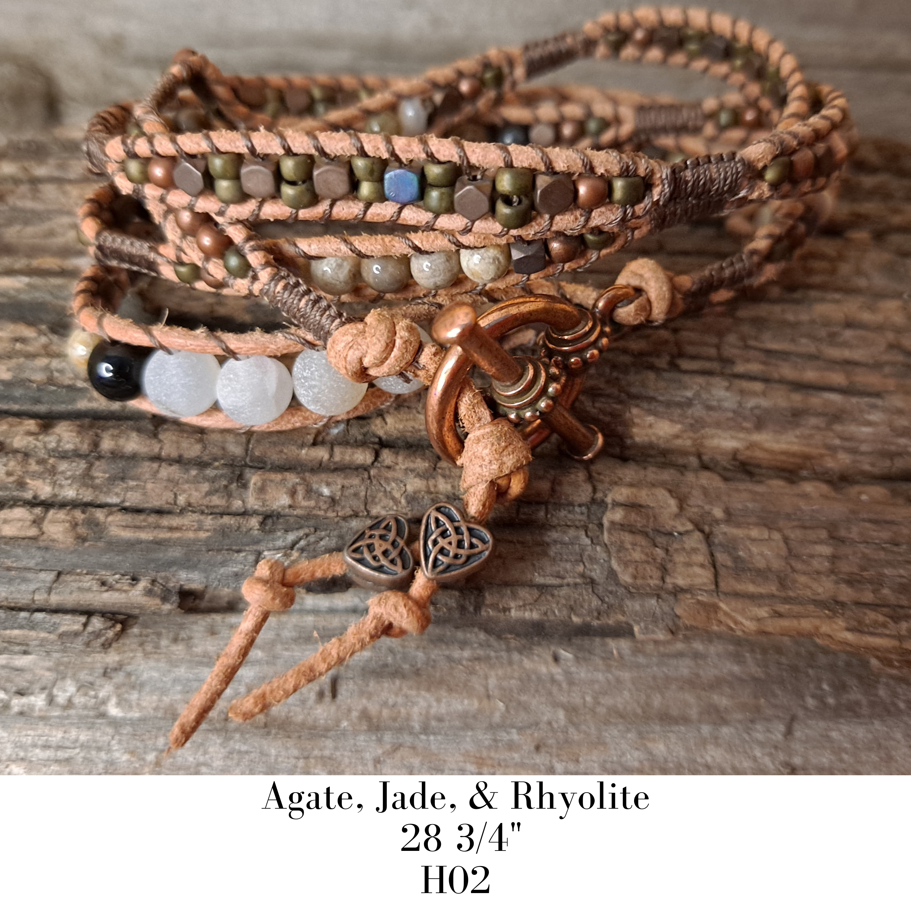 Bracelet Handmade, 4-Wrap Leather Bracelet, Agate, Jade, & Rhyolite Beads (H02)