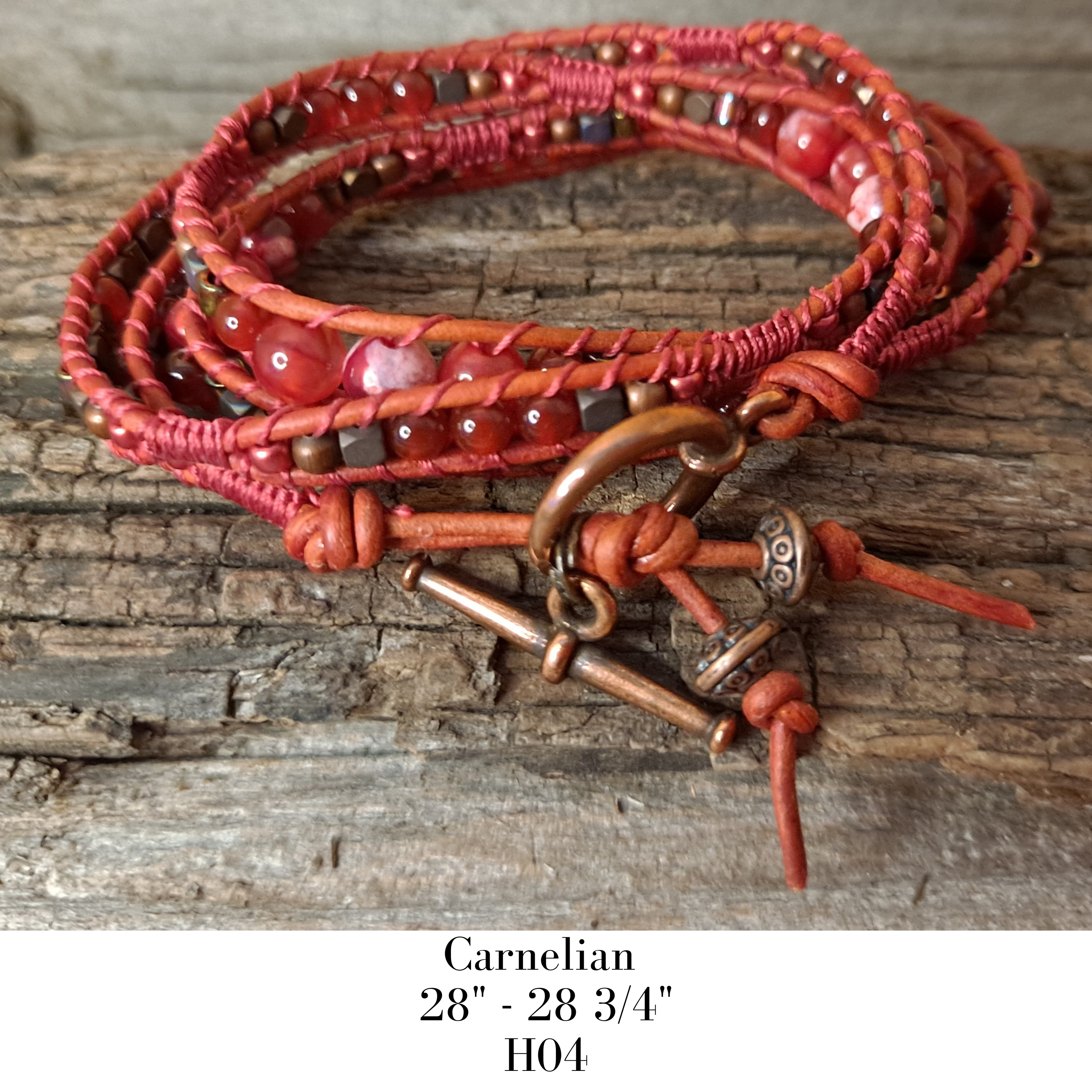 Bracelet Handmade, 4-Wrap Leather Bracelet, Carnelian Beads (H04)
