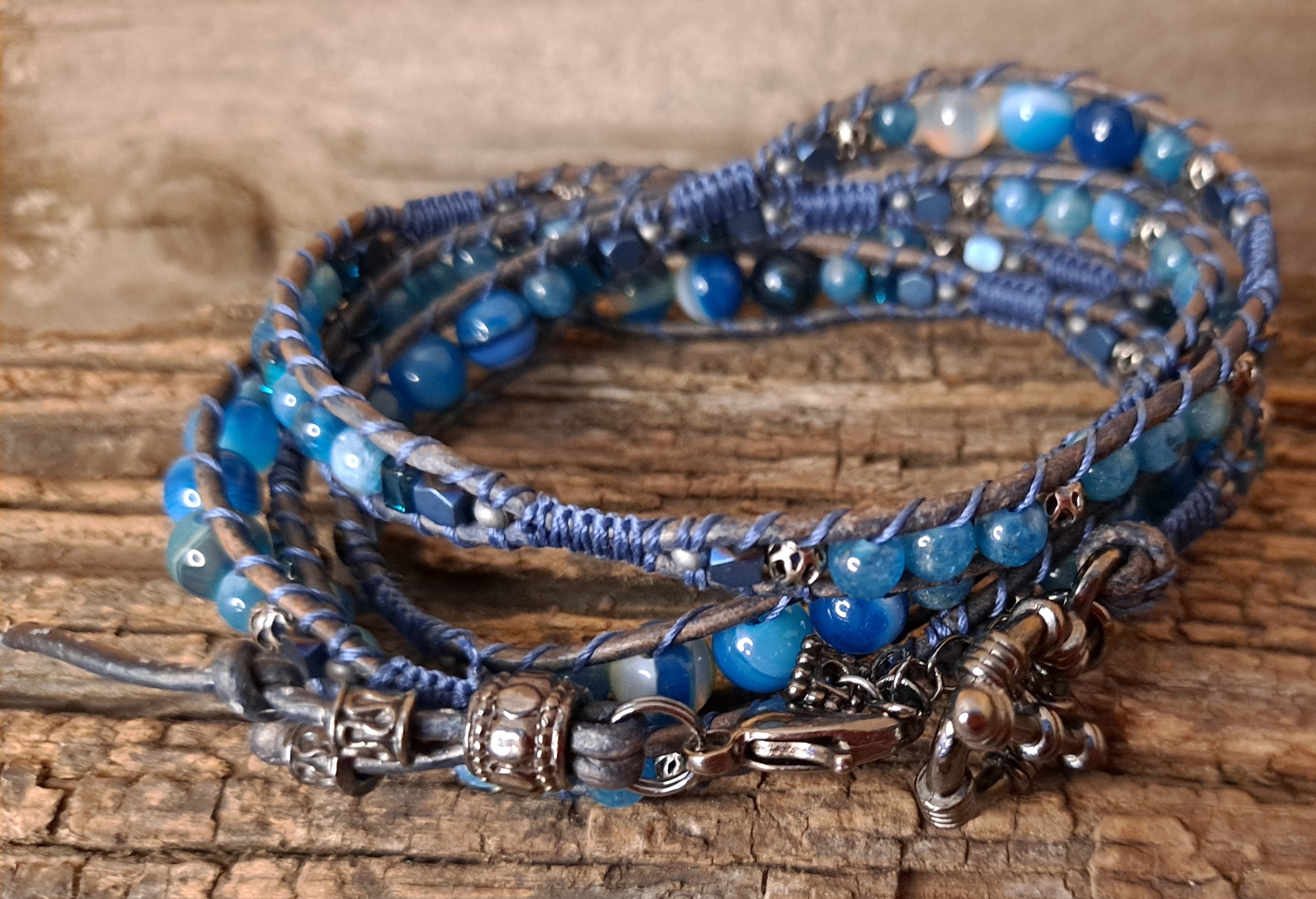 Bracelet Handmade, 4-Wrap Leather Bracelet, Agate Beads (H06)