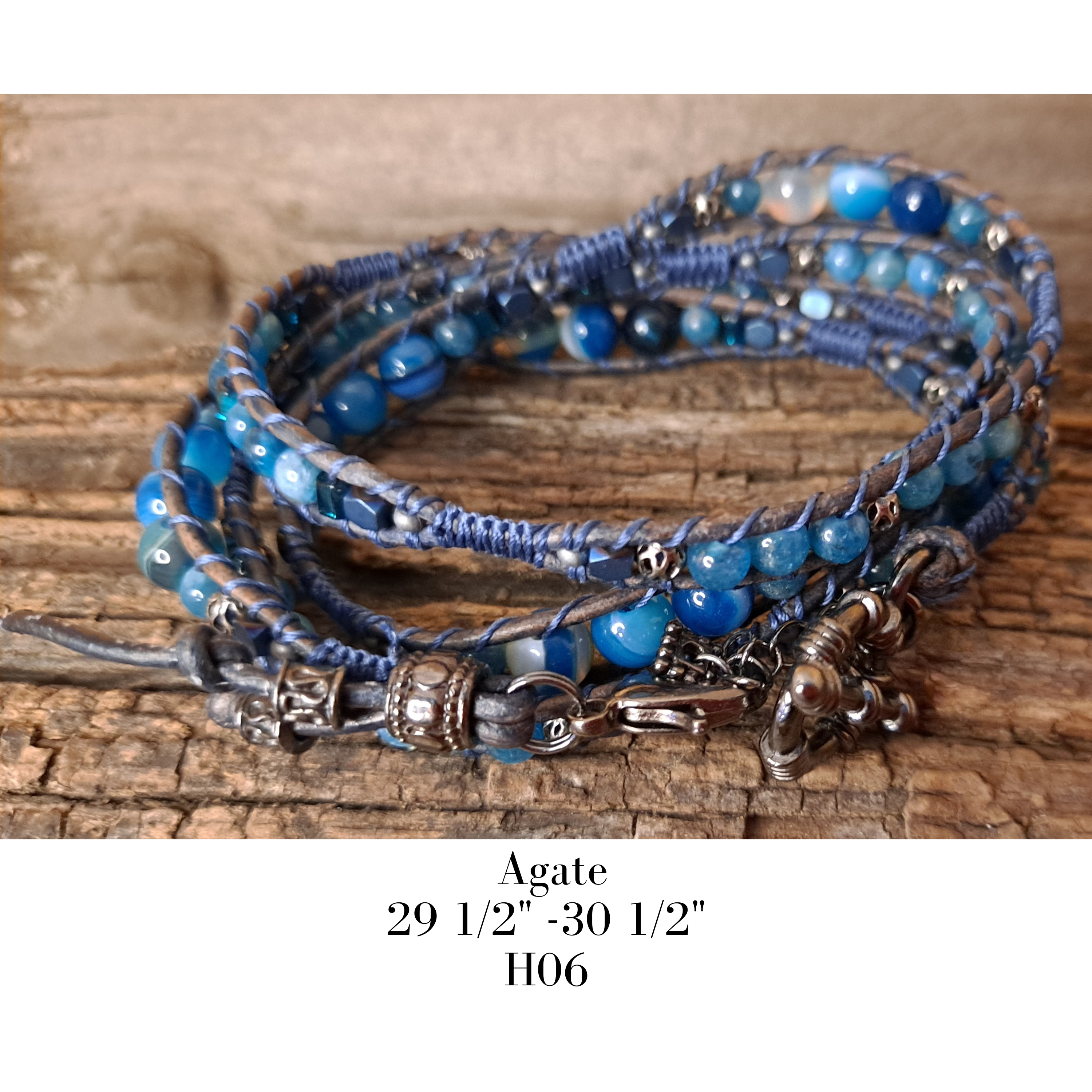 Bracelet Handmade, 4-Wrap Leather Bracelet, Agate Beads (H06)