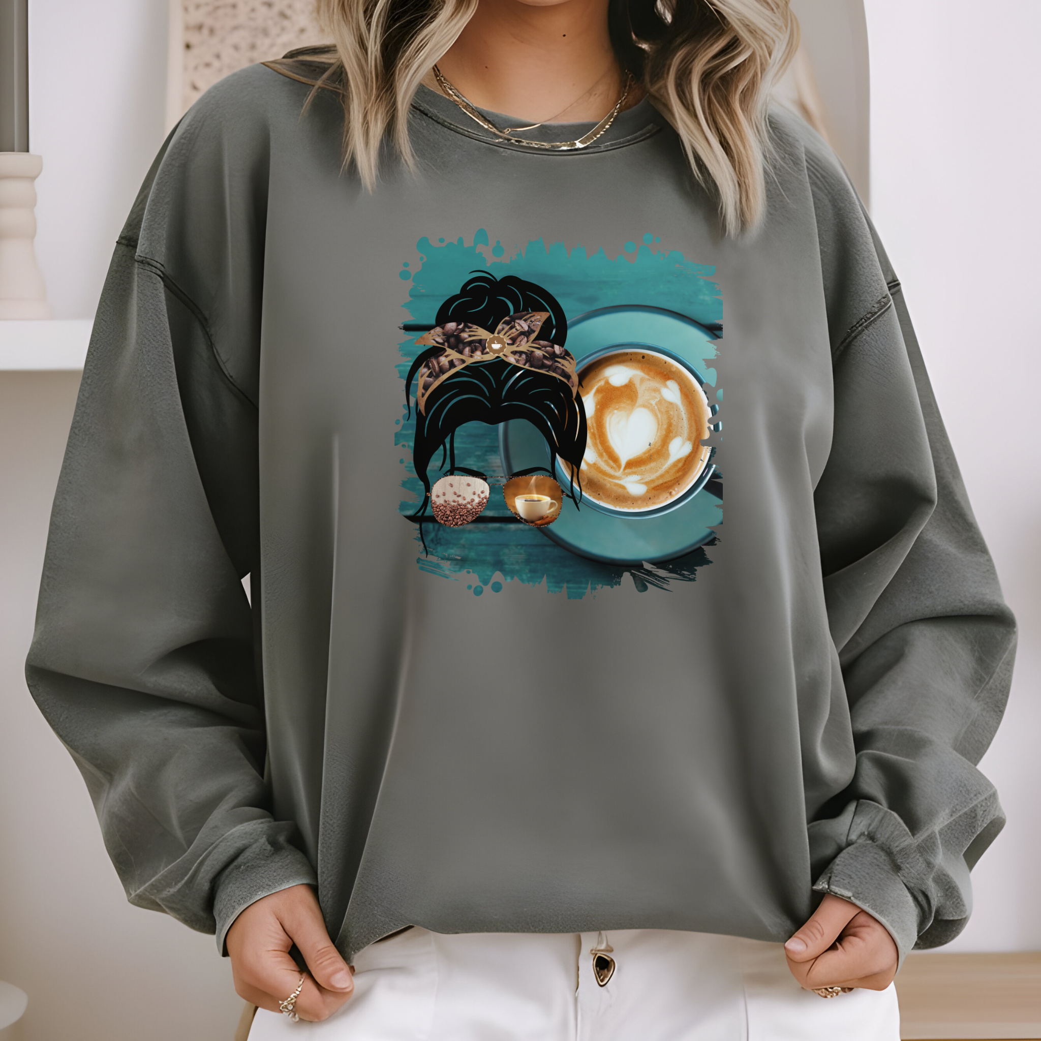 Coffee Cup, Dark Hair Messy Bun, Unisex Lightweight Crewneck Sweatshirt