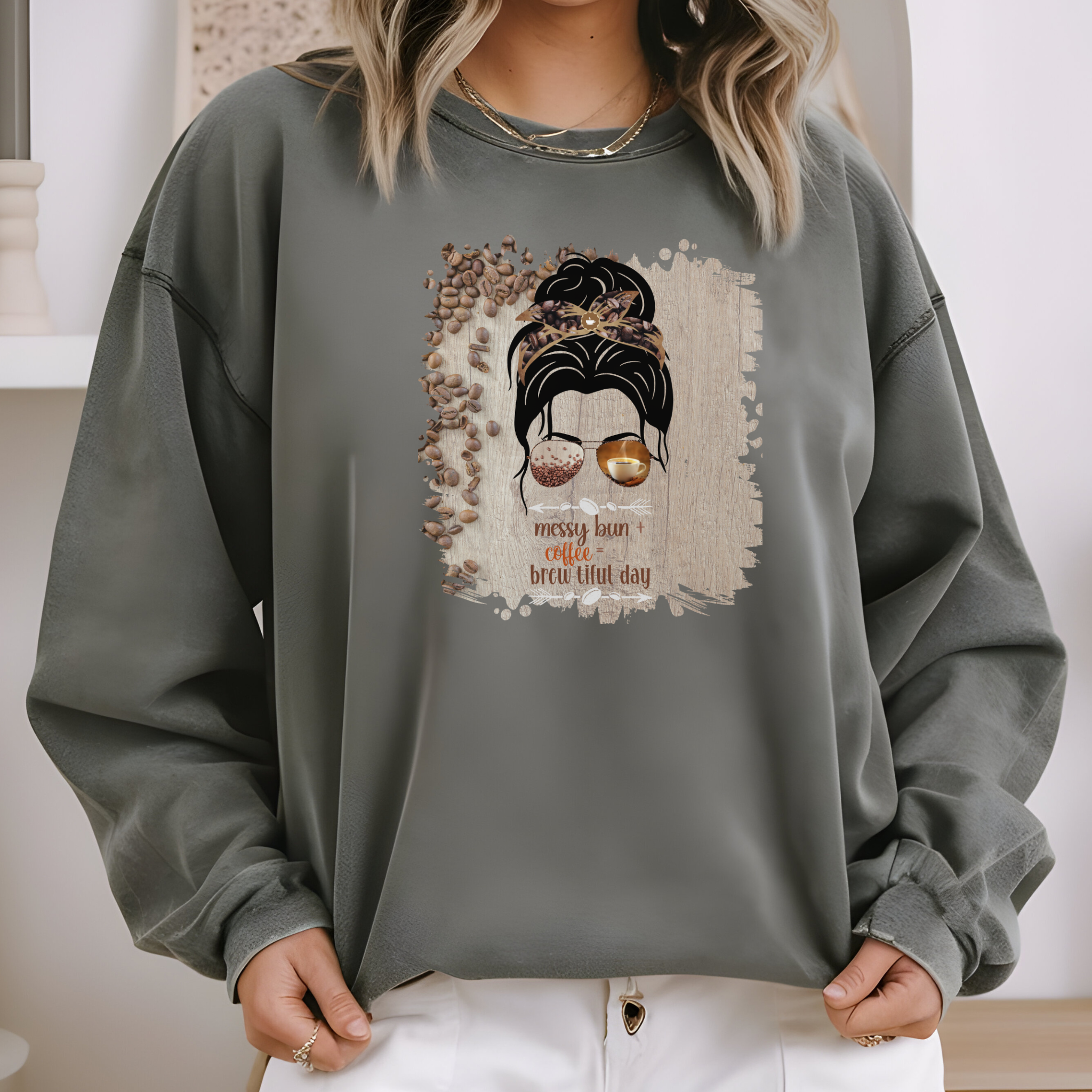 Messy Bun plus Coffee, Coffee Beans Table, Dark Hair Messy Bun, Unisex Lightweight Crewneck Sweatshirt