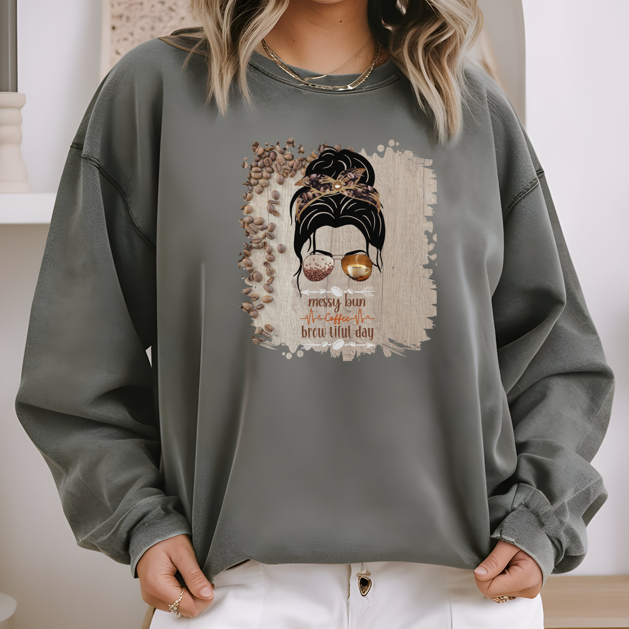 Coffee Heartbeat, Coffee Beans Table, Dark Hair Messy Bun, Unisex Lightweight Crewneck Sweatshirt