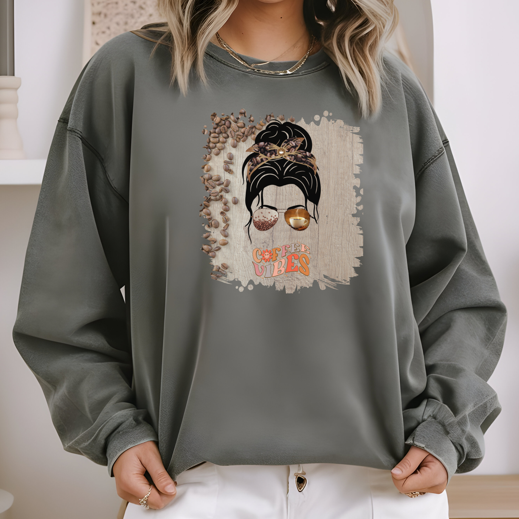 Coffee Vibes, Coffee Beans Table, Dark Hair Messy Bun, Unisex Lightweight Crewneck Sweatshirt