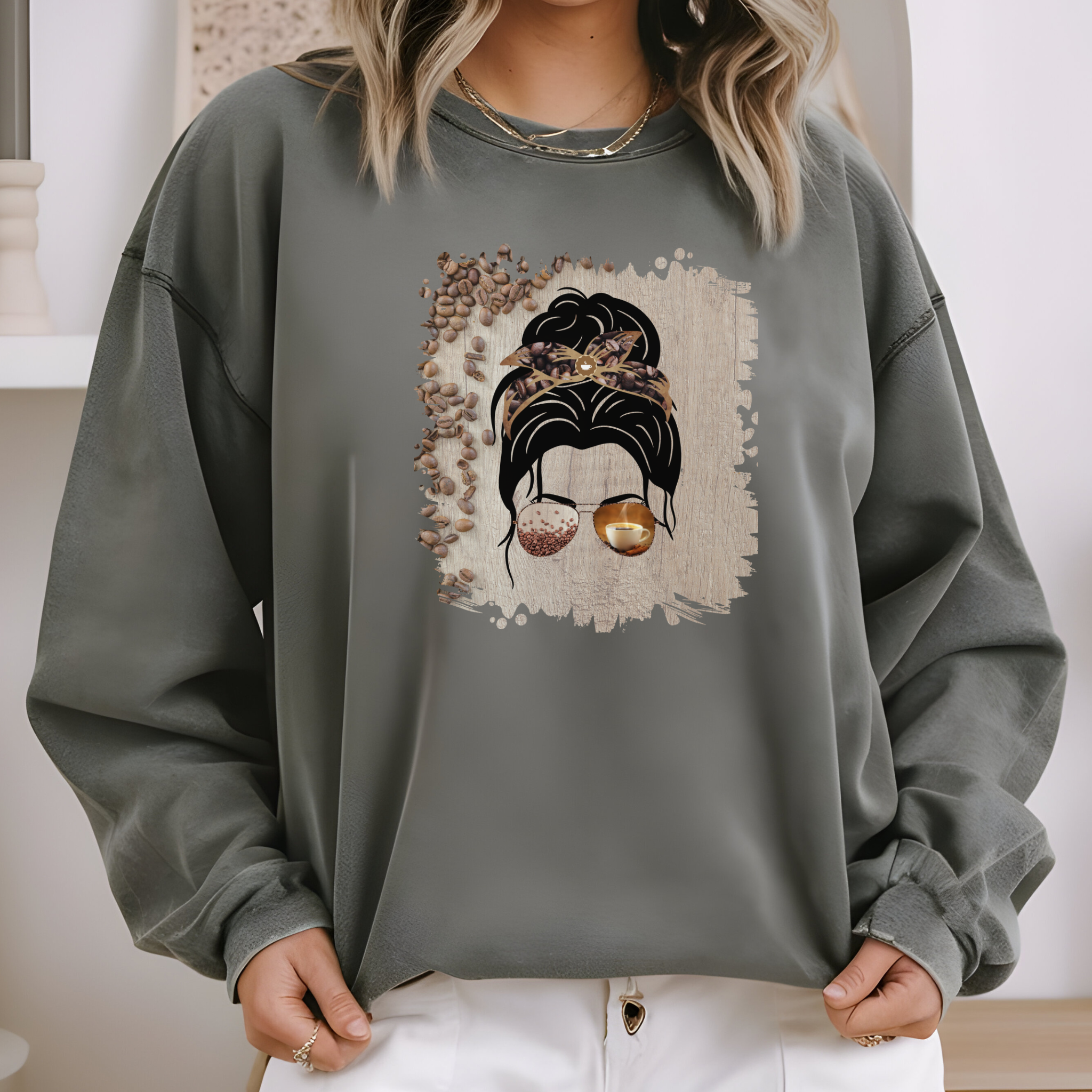 Coffee Beans Table, Dark Hair Messy Bun, Unisex Lightweight Crewneck Sweatshirt