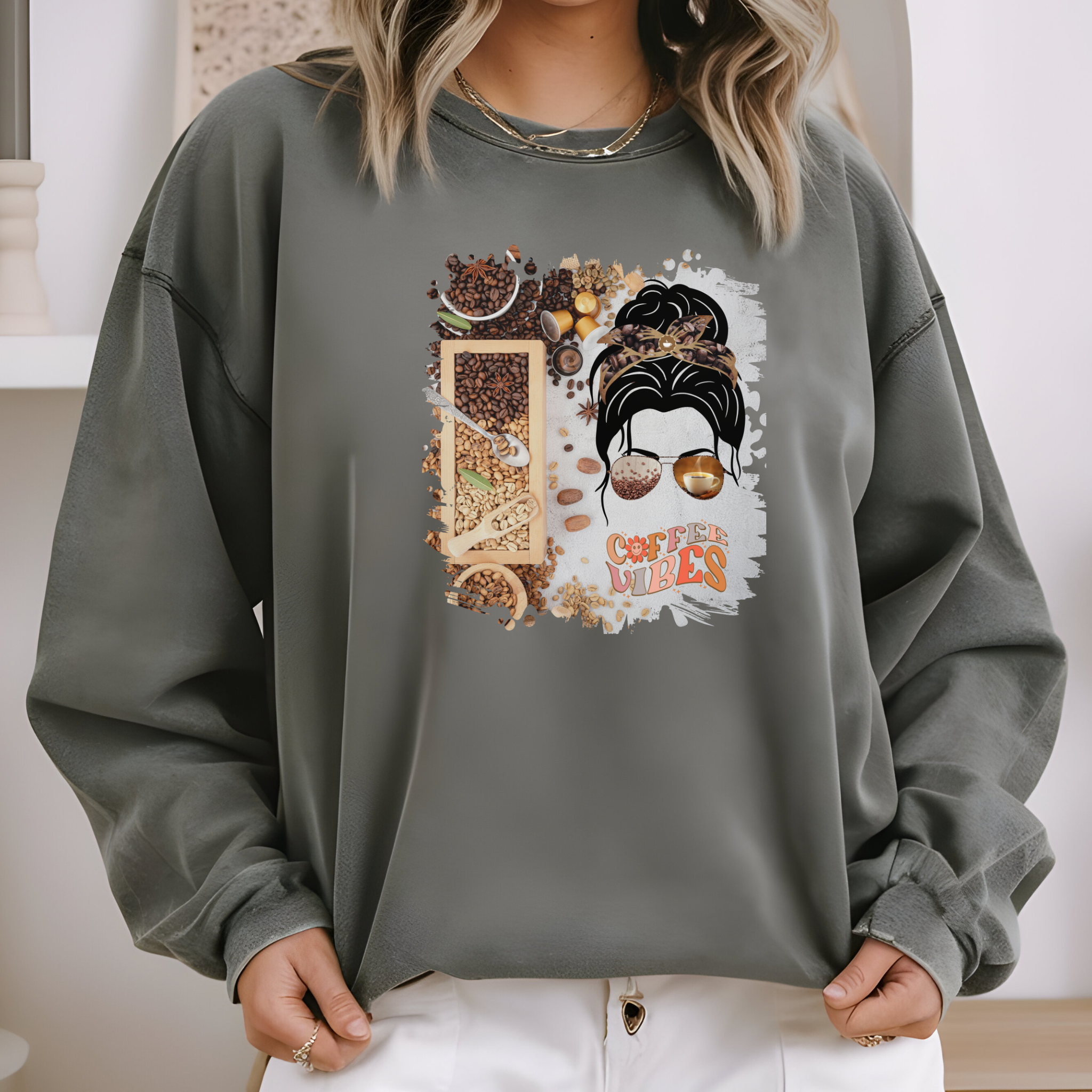 Coffee Vibes, Coffee Beans Variety, Dark Hair Messy Bun, Unisex Lightweight Crewneck Sweatshirt