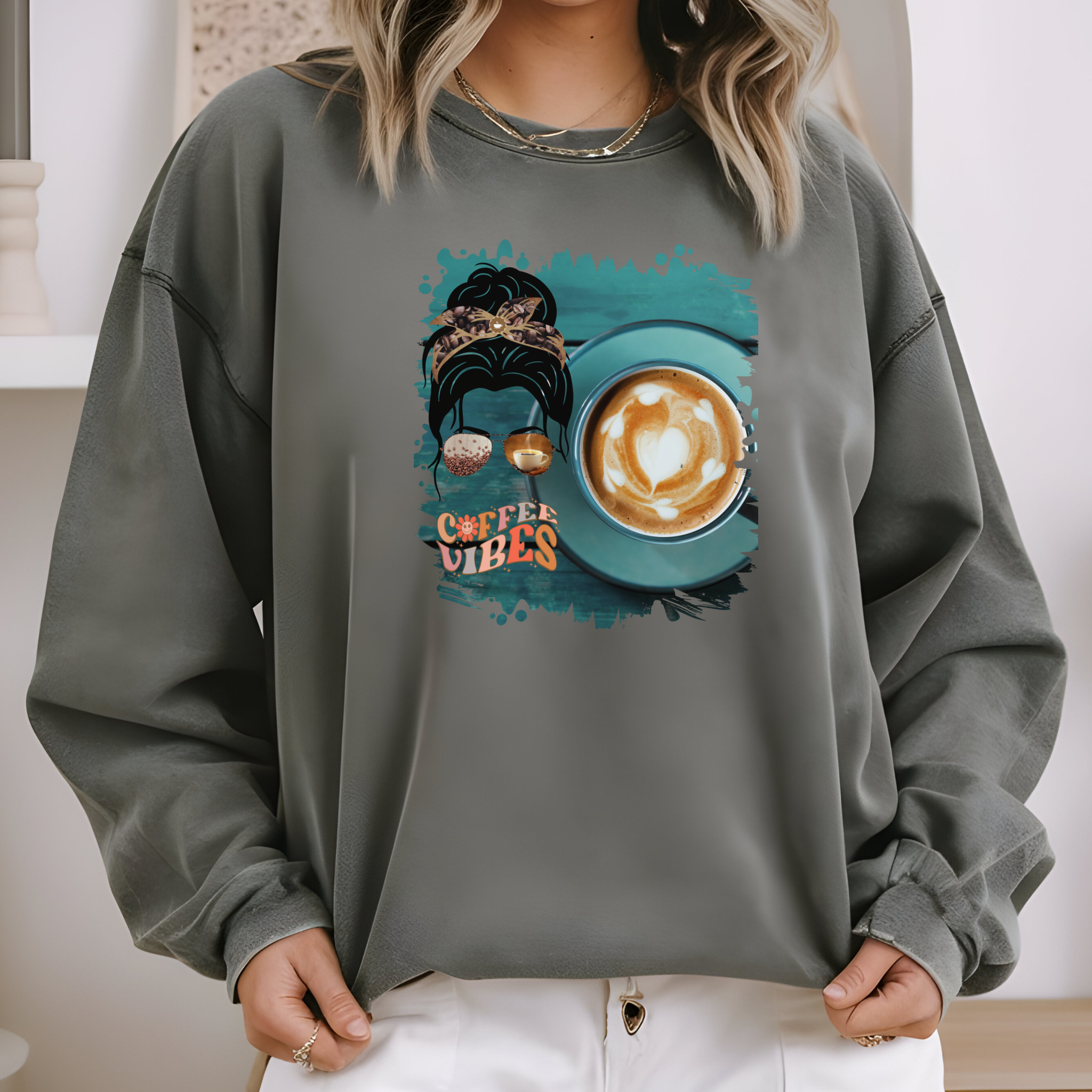 Coffee Vibes, Coffee Cup, Dark Hair Messy Bun, Unisex Lightweight Crewneck Sweatshirt